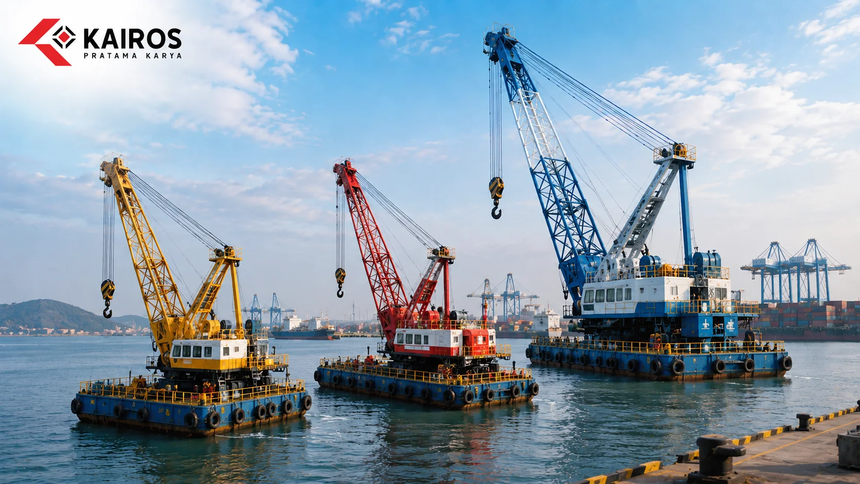 Ilustrasi beberapa kategori floating ship crane dengan kapasitas berbeda yang digunakan untuk mendukung operasional pelabuhan dan proyek infrastruktur maritim.