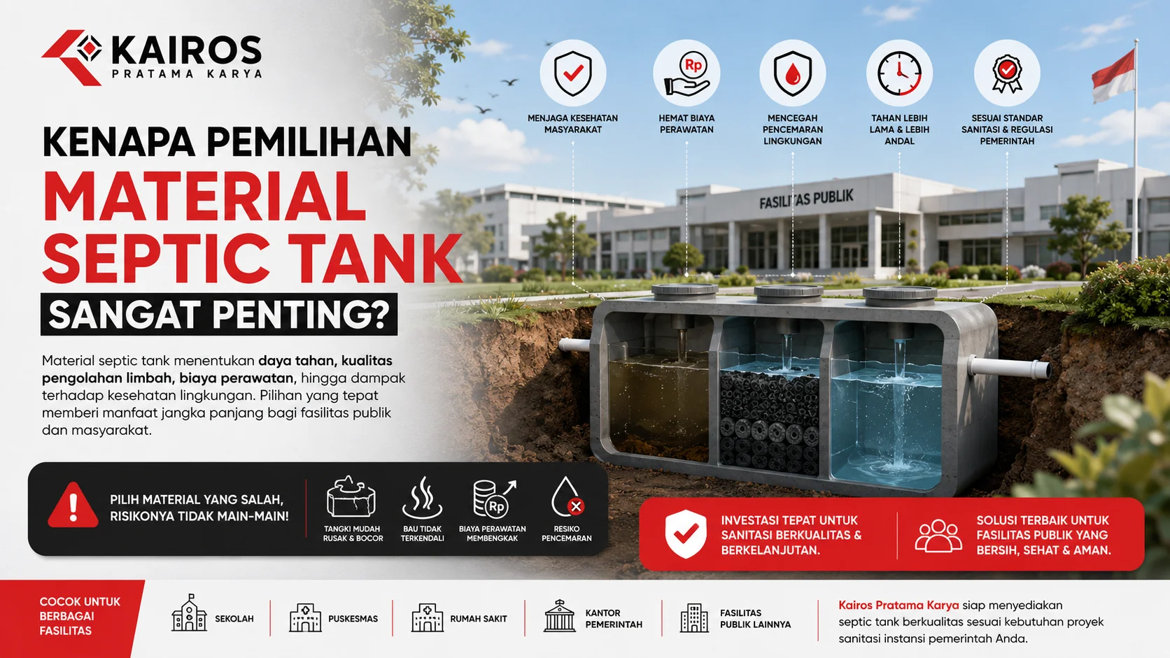 Ilustrasi septic tank modern pada fasilitas publik yang menyoroti pentingnya pemilihan material untuk meningkatkan daya tahan, efisiensi perawatan, dan kualitas pengolahan limbah.