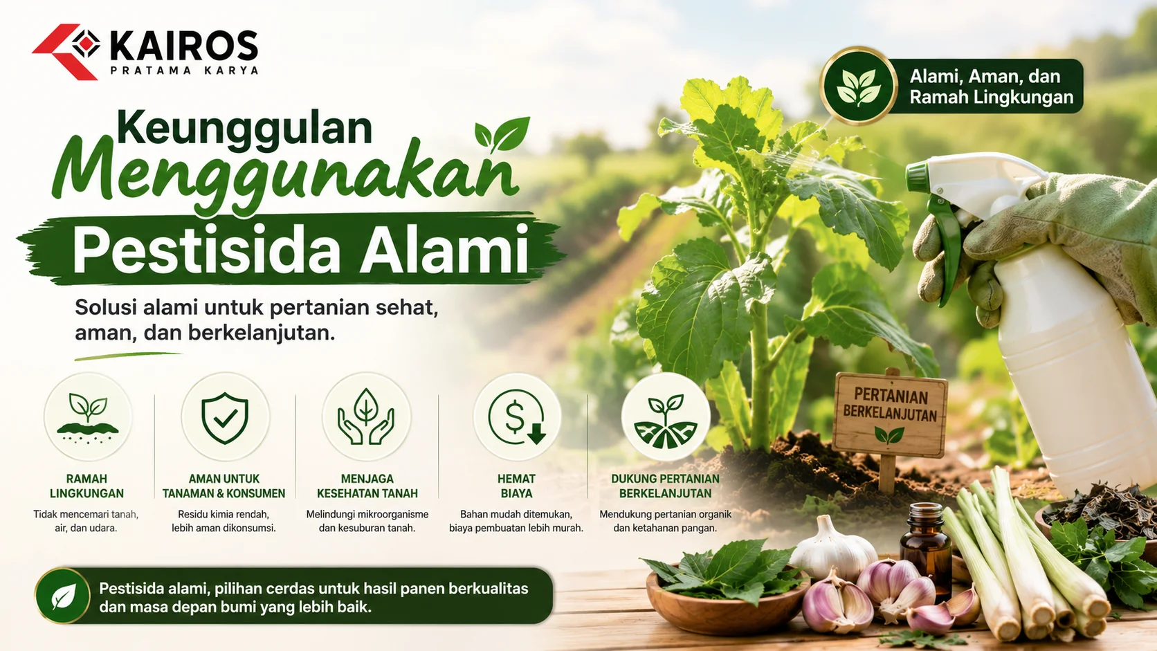 Petani menyemprot tanaman dengan pestisida alami di lahan pertanian, menggambarkan manfaat penggunaan bahan ramah lingkungan untuk menjaga kesehatan tanaman dan kesuburan tanah.