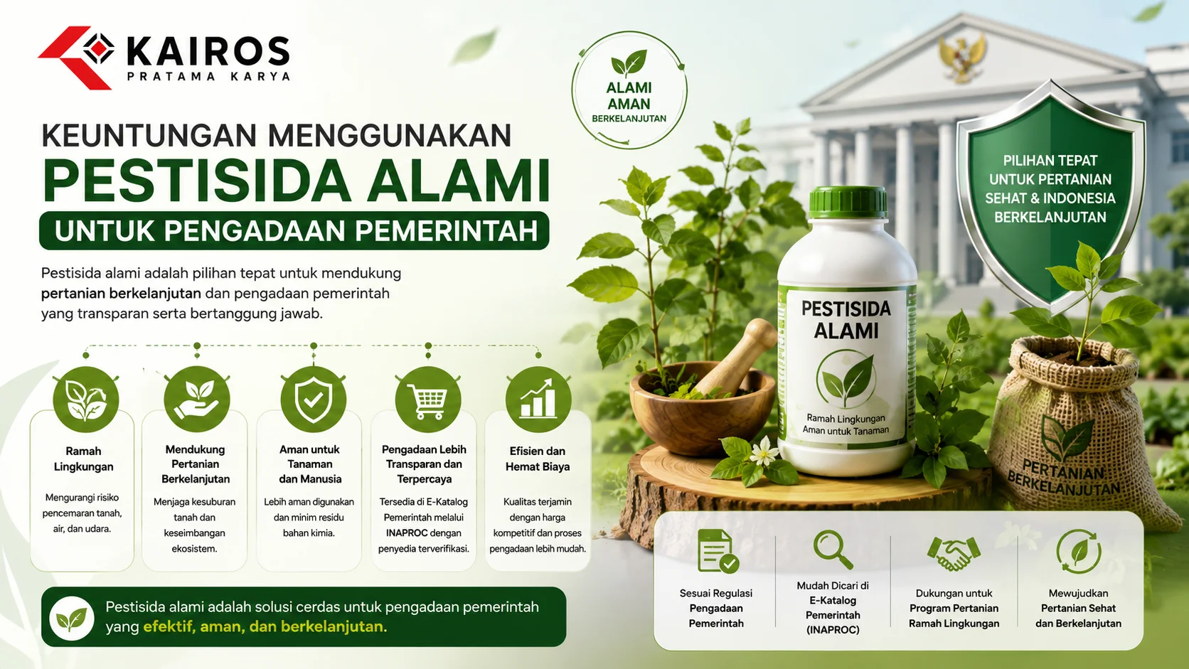 Ilustrasi manfaat penggunaan pestisida alami untuk pengadaan pemerintah dengan visual produk ramah lingkungan, tanaman hijau, dan simbol keberlanjutan yang mendukung pertanian sehat serta proses pengadaan yang transparan.