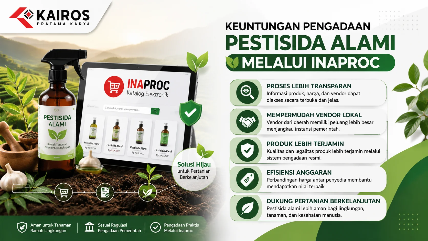 Banner ilustrasi pengadaan pestisida alami melalui Inaproc yang menampilkan produk ramah lingkungan, platform pengadaan digital, serta berbagai keuntungan seperti transparansi, efisiensi anggaran, dan dukungan terhadap pertanian berkelanjutan.