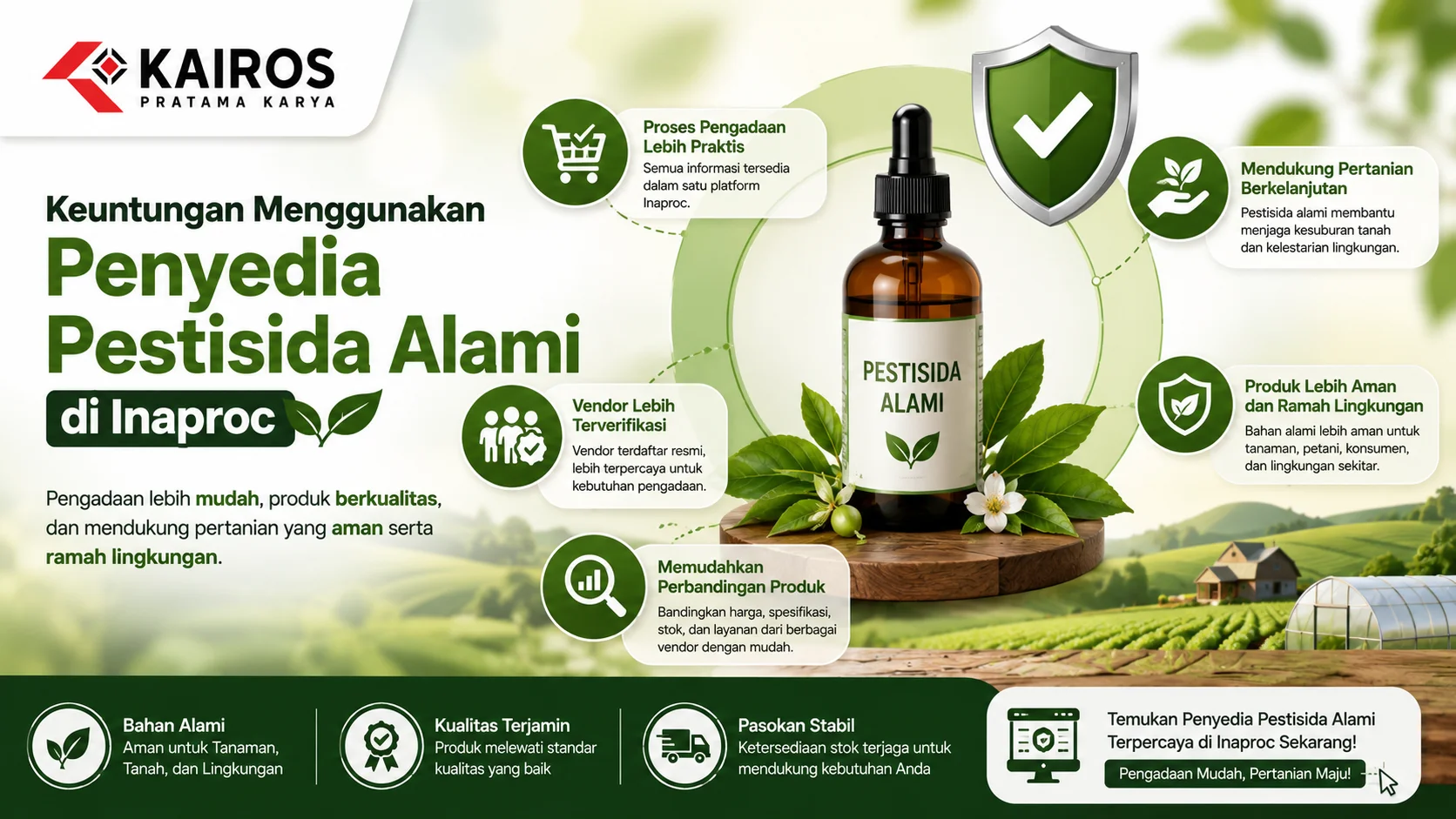 Banner keuntungan menggunakan penyedia pestisida alami di Inaproc dengan ilustrasi produk ramah lingkungan, vendor terverifikasi, dan proses pengadaan yang lebih praktis.