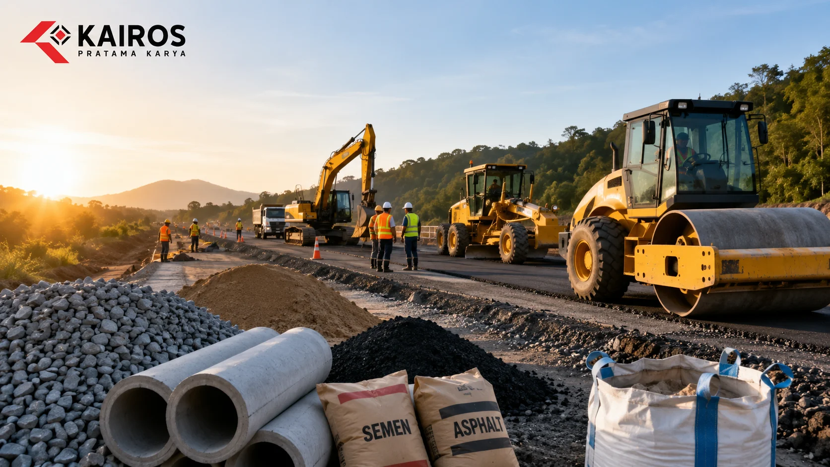 Klasifikasi kebutuhan konstruksi jalan dengan alat berat, material konstruksi, dan pekerja proyek yang mendukung pembangunan infrastruktur jalan.