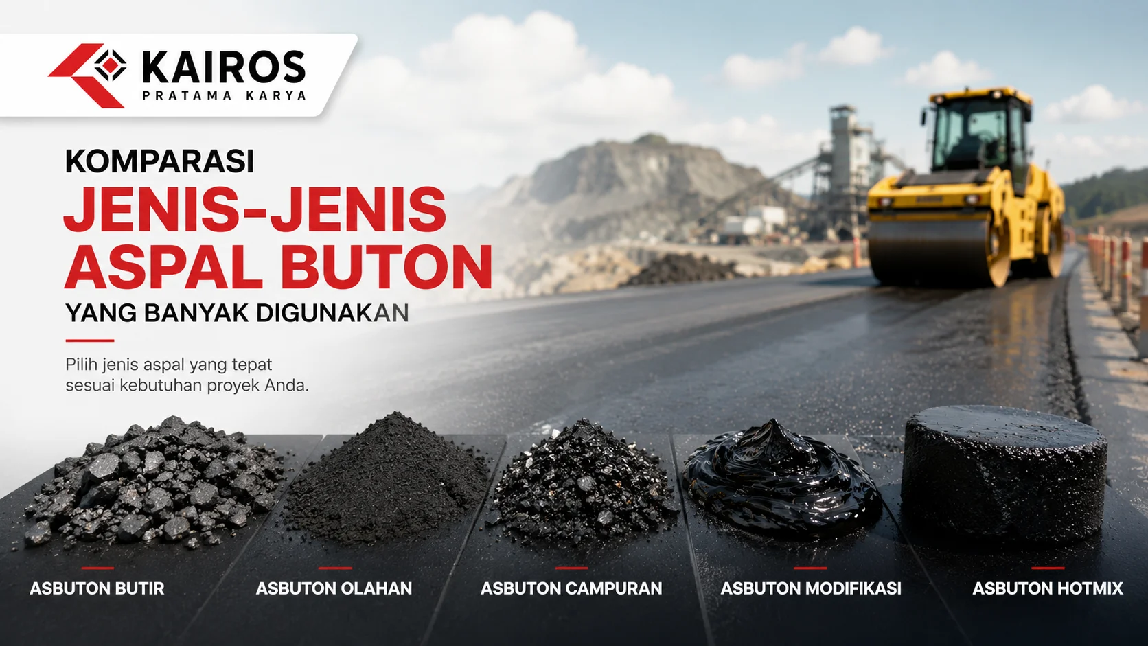Banner komparasi jenis-jenis Aspal Buton yang menampilkan berbagai bentuk Asbuton sebagai referensi pemilihan material konstruksi jalan.