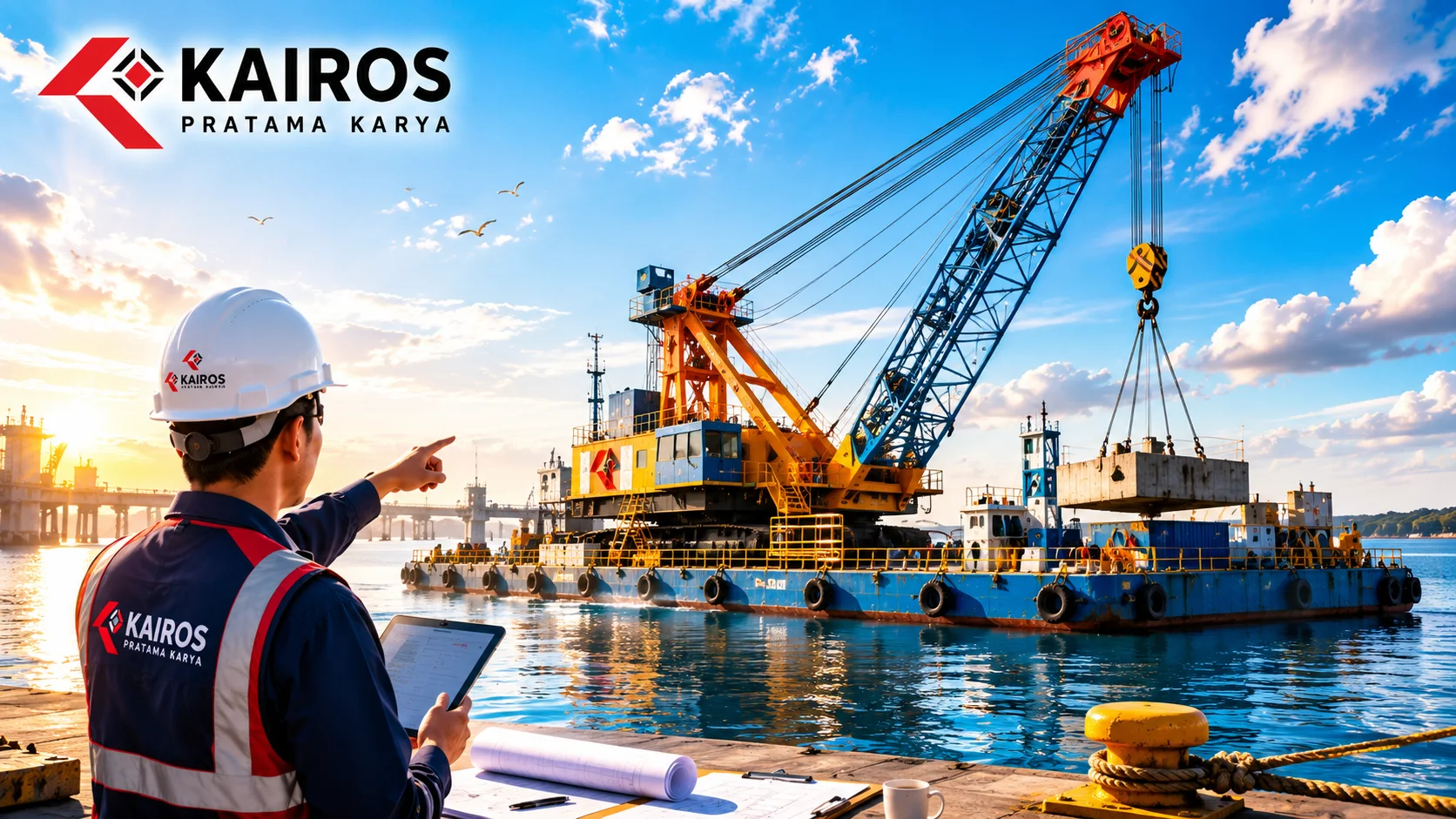 Ilustrasi floating crane milik sendiri yang digunakan dalam proyek pelabuhan jangka panjang dengan pengawasan tim profesional untuk mendukung operasional maritim yang berkelanjutan.