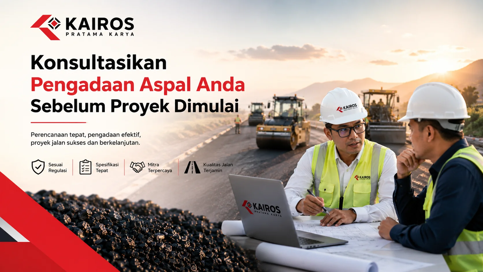 Banner konsultasi pengadaan Aspal Buton sebelum proyek dimulai dengan ilustrasi diskusi tim konstruksi di lokasi pembangunan jalan.