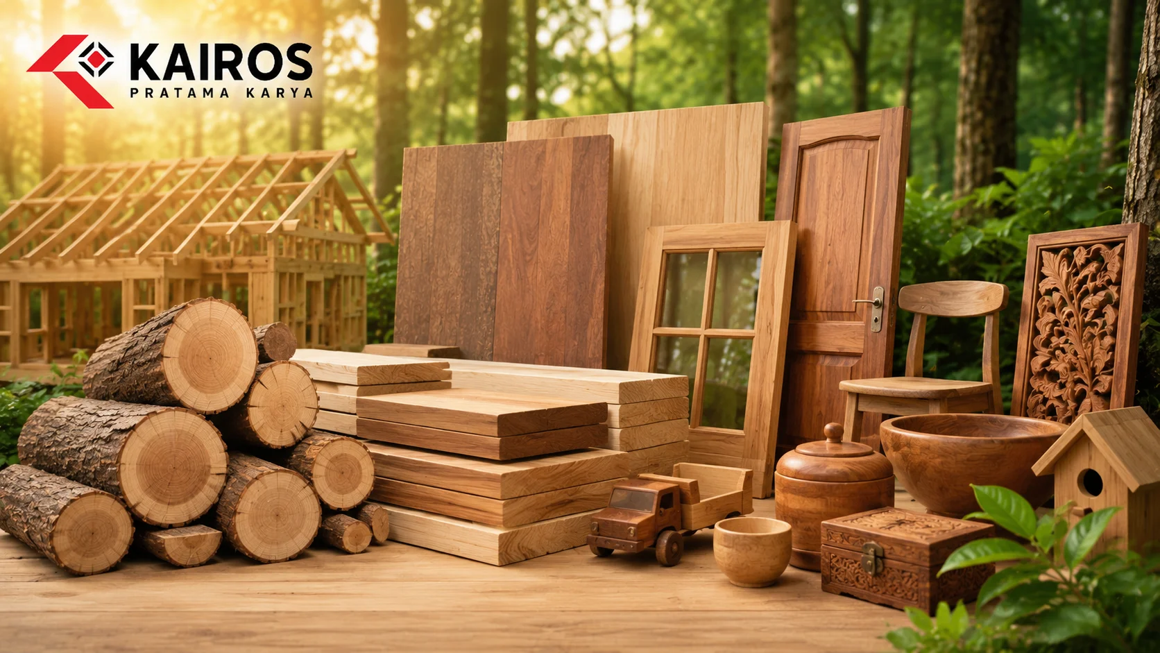 Ilustrasi pemanfaatan hasil hutan kayu untuk konstruksi, furnitur, dan kerajinan dengan latar hutan alami.