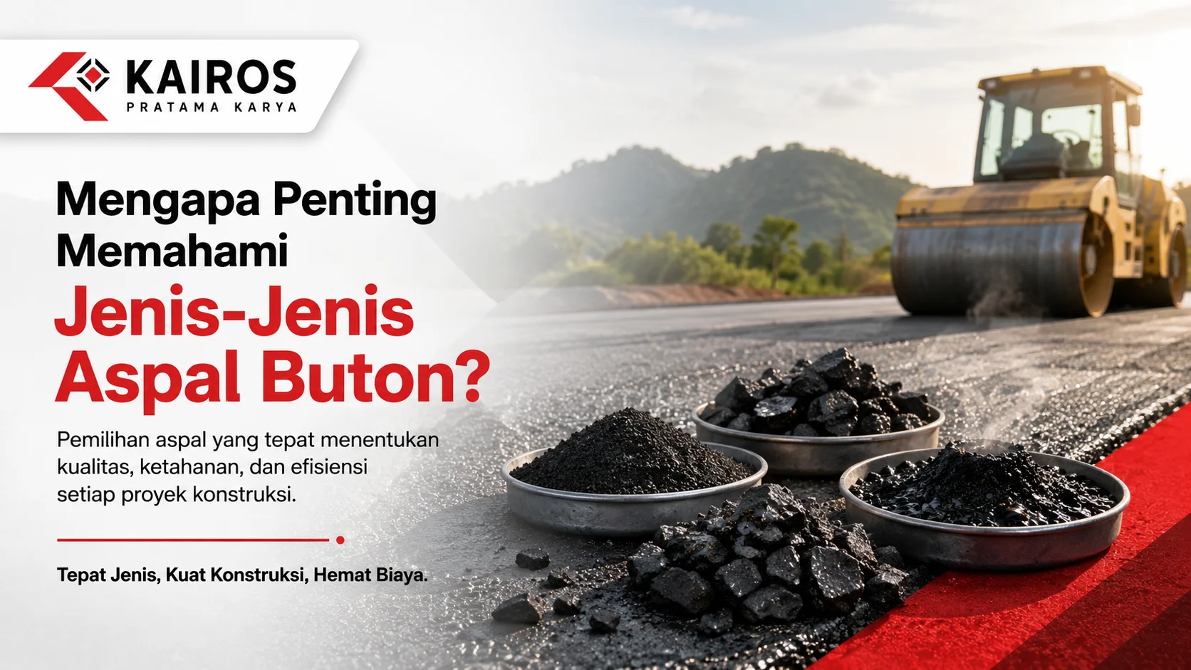 Banner yang menampilkan material Aspal Buton dan alat pemadat jalan sebagai ilustrasi pentingnya memahami jenis-jenis Aspal Buton untuk kebutuhan konstruksi.