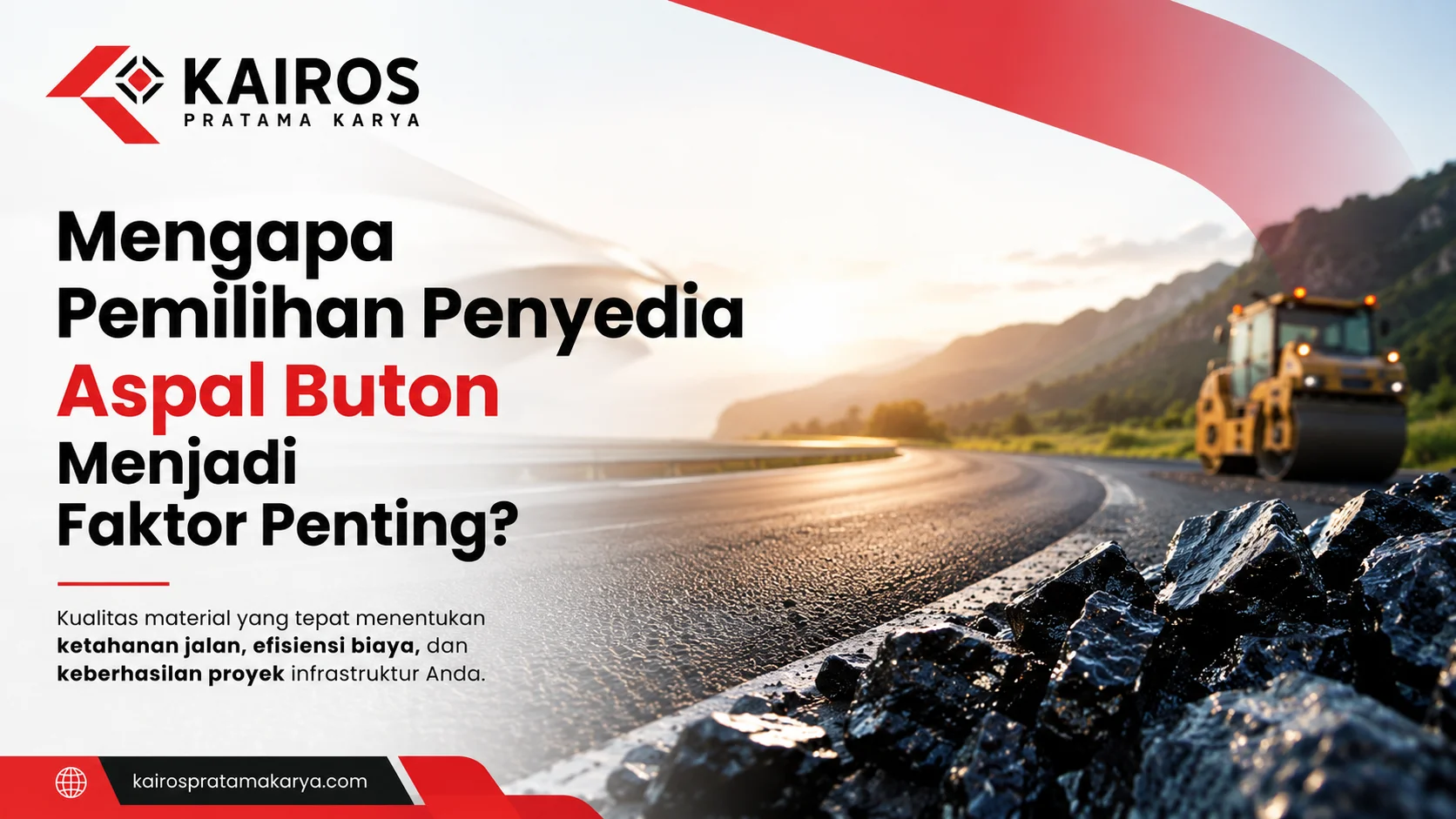Banner bertema pemilihan penyedia Aspal Buton dengan ilustrasi jalan aspal, material Asbuton, alat berat.