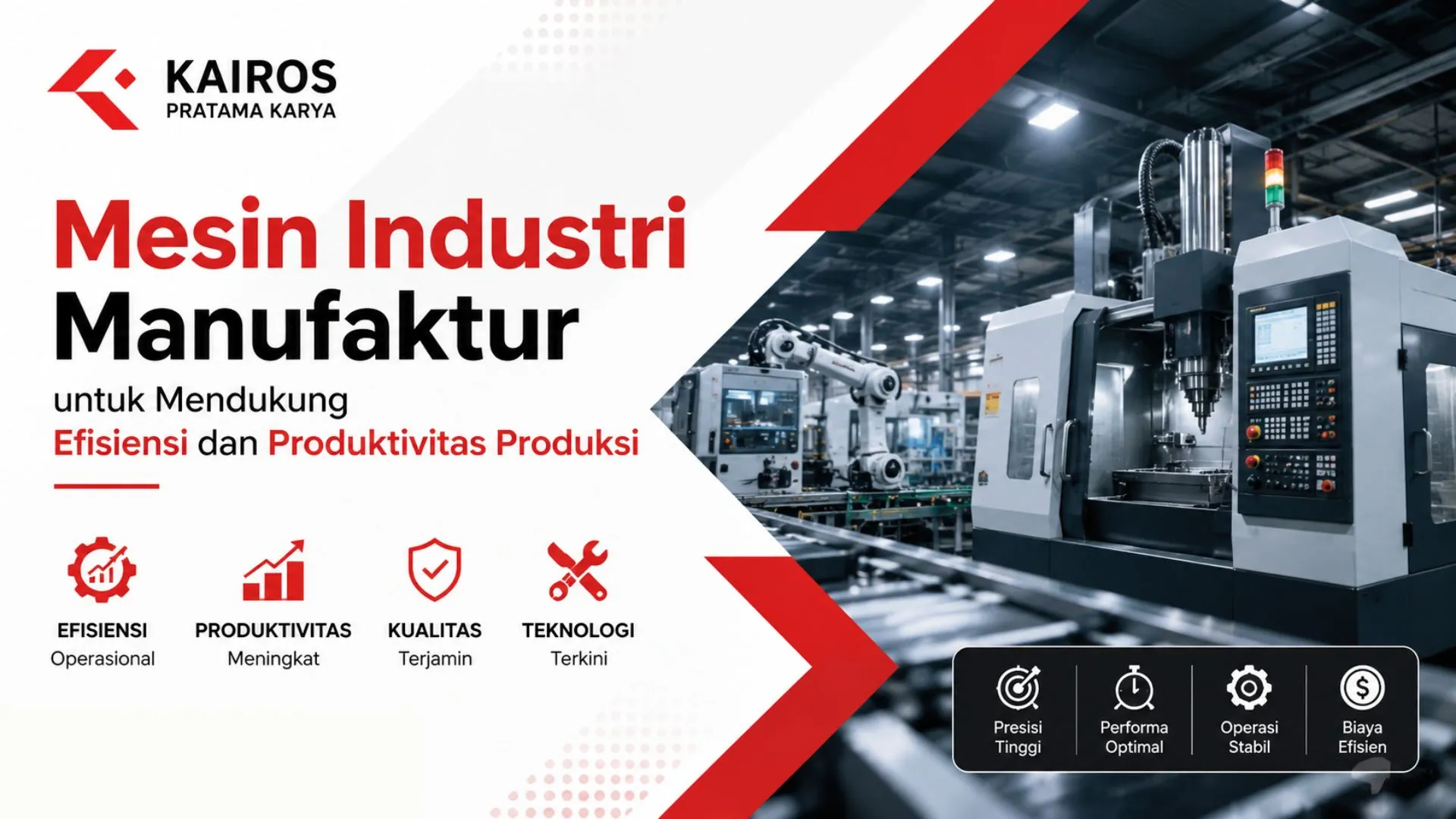 Infografik keunggulan mesin industri manufaktur dari Kairos Pratama Karya yang menonjolkan poin efisiensi operasional, produktivitas meningkat, kualitas terjamin, teknologi terkini, presisi tinggi, performa optimal, operasi stabil, dan biaya efisien.