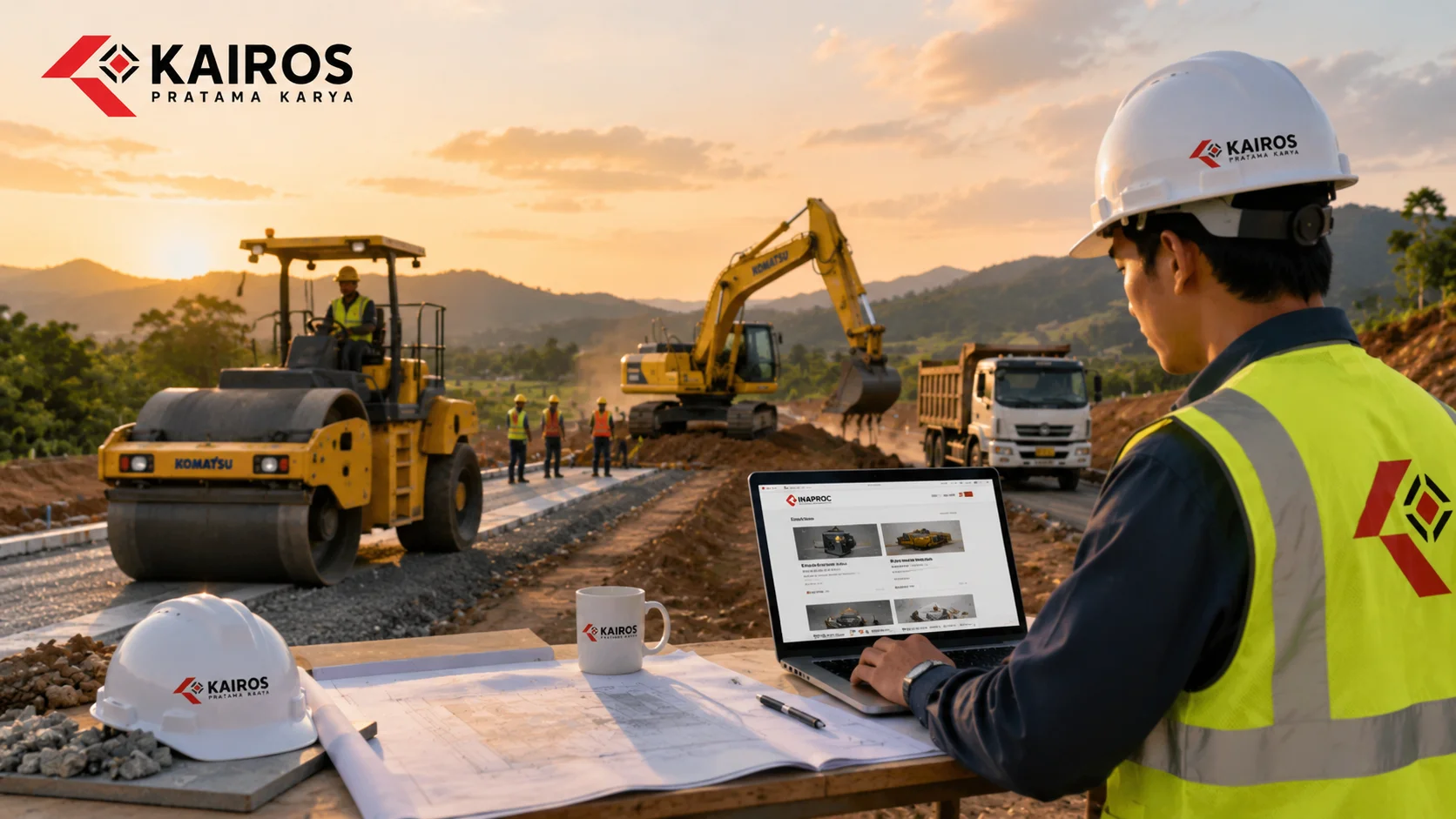 Petugas proyek melakukan pengadaan kebutuhan konstruksi jalan melalui platform digital sambil mengawasi pekerjaan alat berat dan pembangunan infrastruktur di lapangan.