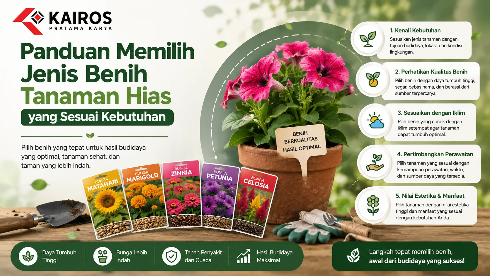 Infografis Panduan memilih jenis benih tanaman hias yang sesuai dengan kebutuhan budidaya dan kondisi lingkungan.