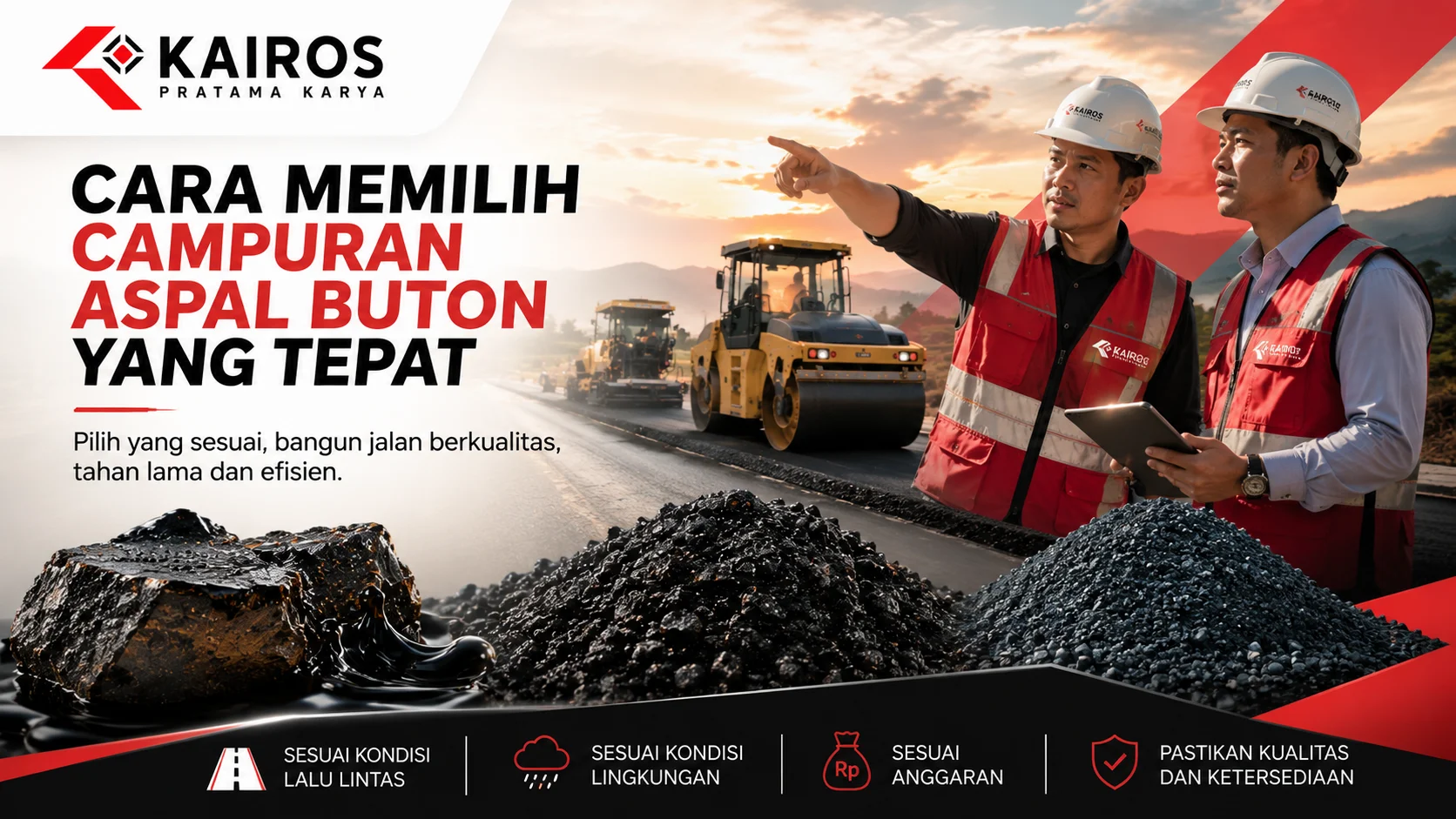 Banner panduan memilih Campuran Aspal Buton yang tepat untuk proyek jalan dengan material aspal, alat berat, dan tim konstruksi.