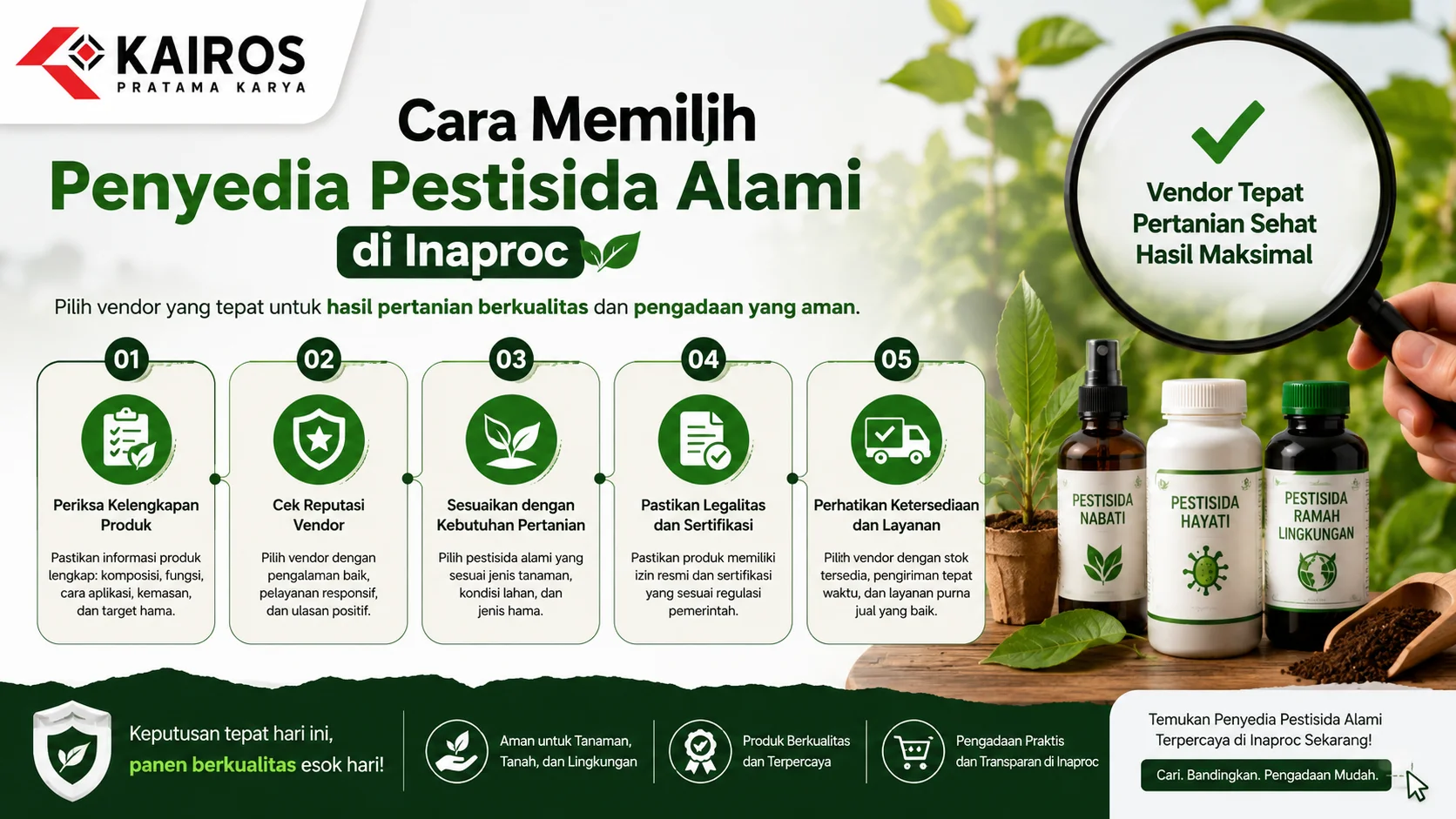 Banner panduan memilih penyedia pestisida alami di Inaproc dengan ilustrasi vendor terpercaya, produk ramah lingkungan, dan proses seleksi pengadaan pertanian.