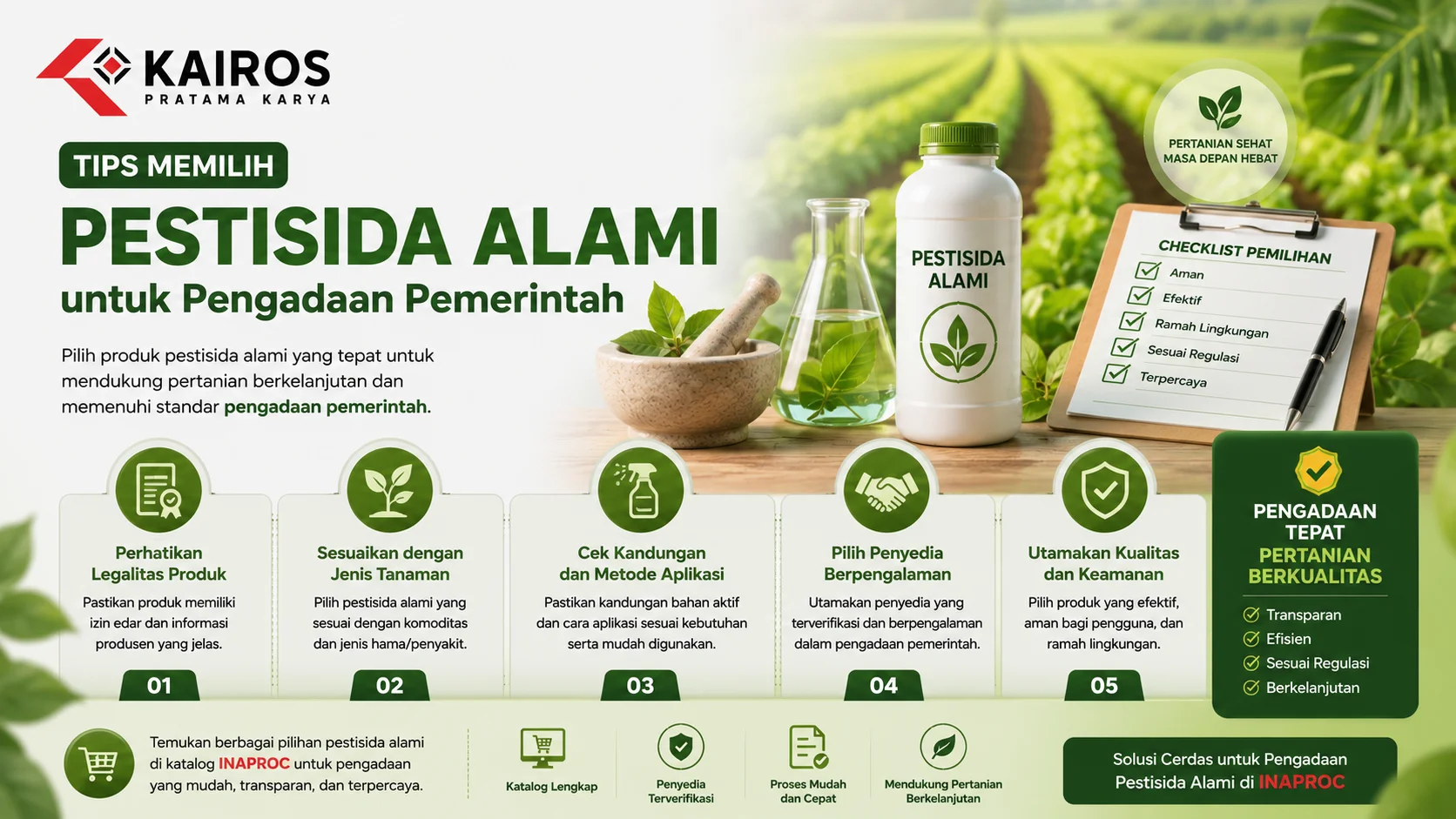 Banner panduan memilih pestisida alami untuk pengadaan pemerintah dengan ilustrasi produk pestisida ramah lingkungan, checklist evaluasi, dan latar area pertanian hijau yang mendukung pertanian berkelanjutan.