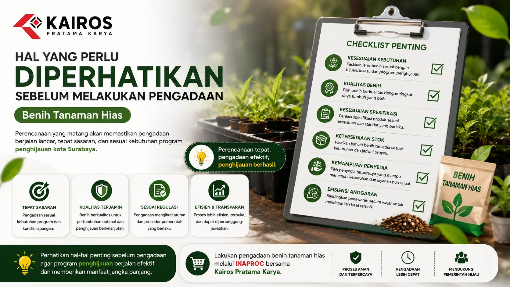 Banner ilustrasi checklist persiapan pengadaan benih tanaman hias melalui INAPROC dengan bibit tanaman, daftar pemeriksaan, dan elemen visual yang menggambarkan proses pengadaan yang terencana.