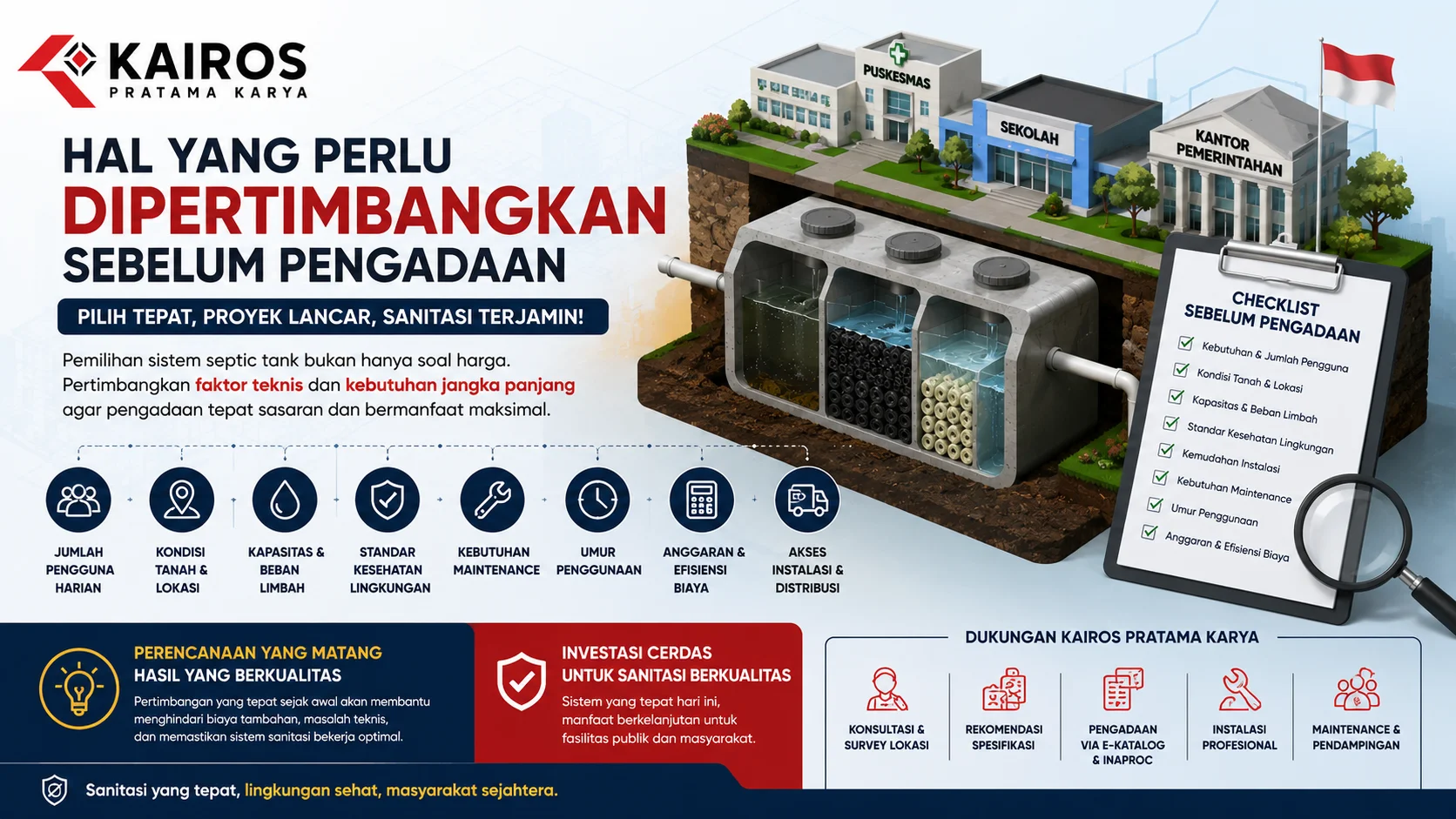 Ilustrasi checklist pengadaan septic tank untuk fasilitas publik yang menampilkan berbagai faktor penting seperti kapasitas pengguna, kondisi lokasi, standar lingkungan, dan efisiensi biaya.