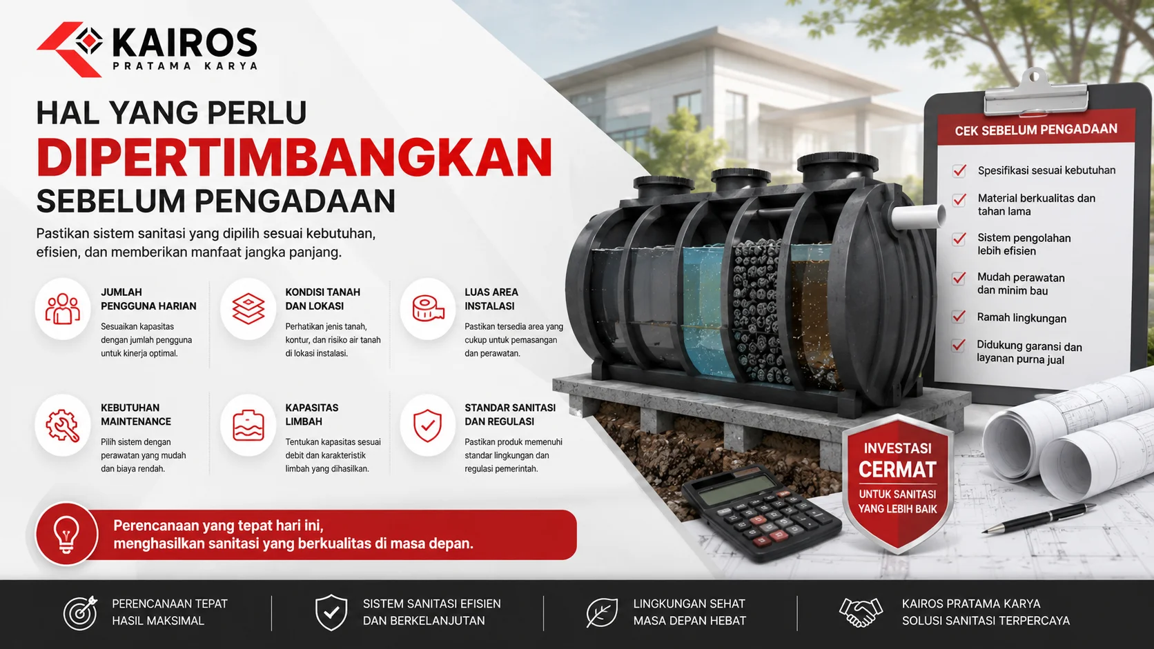 Ilustrasi perencanaan pengadaan septic tank biotech dengan checklist evaluasi, gambar sistem sanitasi modern, dan elemen teknis yang menyoroti faktor penting sebelum memilih solusi pengolahan limbah.