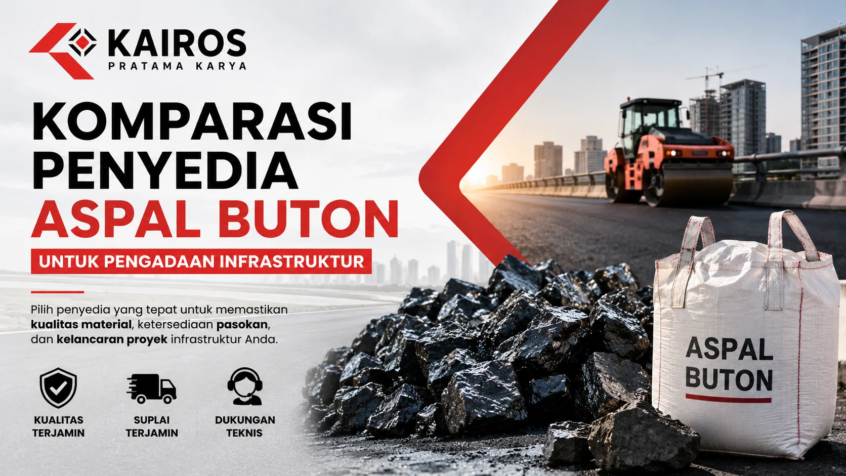 Banner komparasi penyedia Aspal Buton untuk pengadaan infrastruktur dengan ilustrasi material Asbuton, alat berat, dan proyek pembangunan jalan.