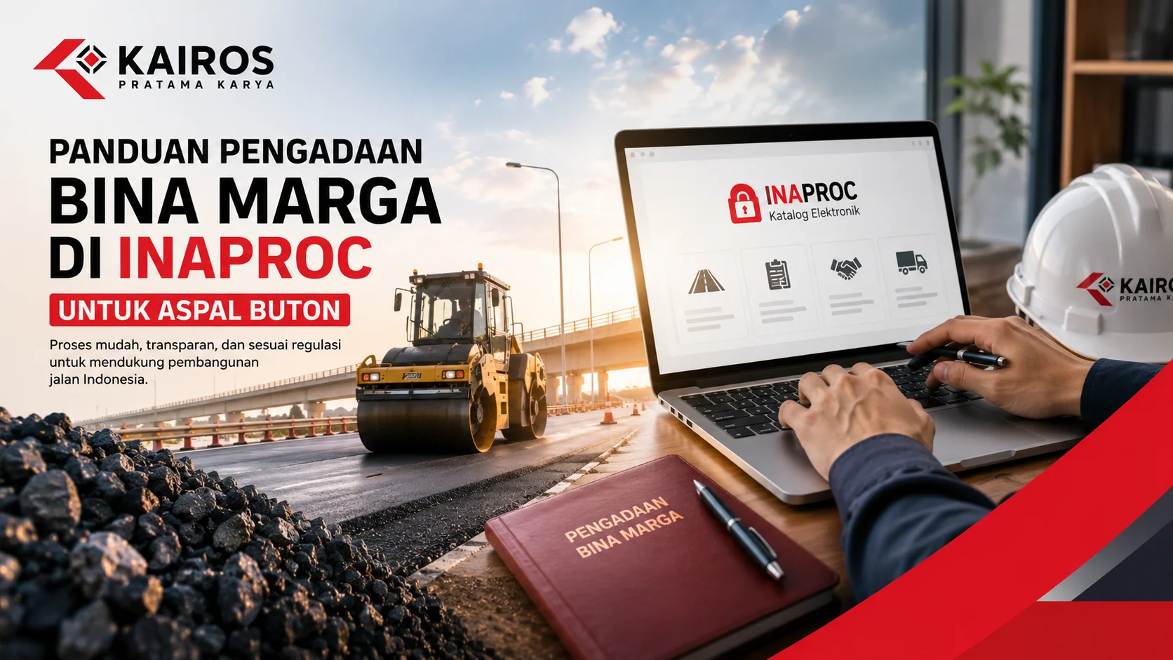 Banner panduan Pengadaan Bina Marga di INAPROC untuk Aspal Buton dengan ilustrasi proyek pembangunan jalan, laptop sistem pengadaan.