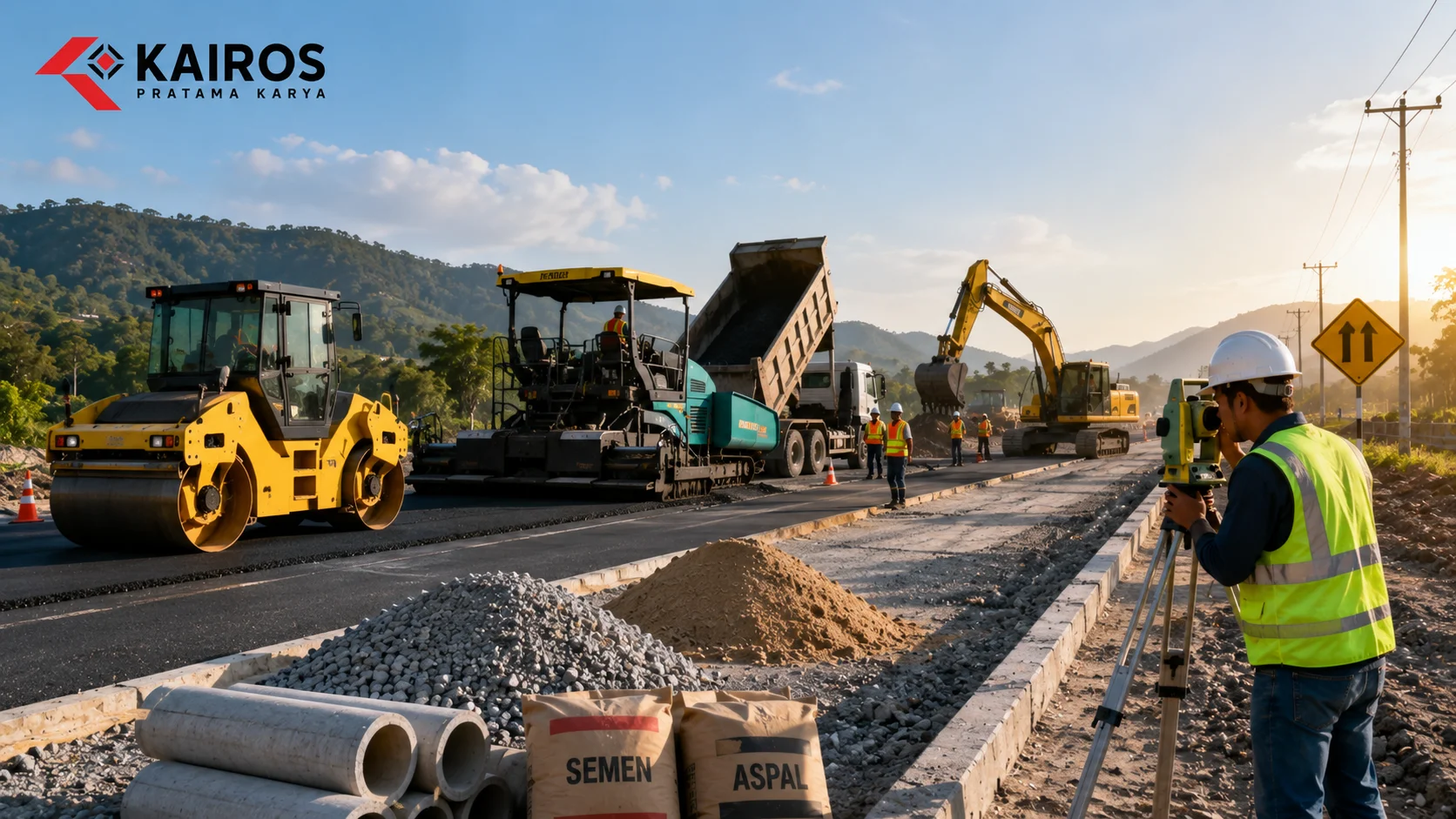 Layanan konstruksi jalan dengan dukungan alat berat, material konstruksi, dan tenaga profesional untuk pembangunan infrastruktur jalan.
