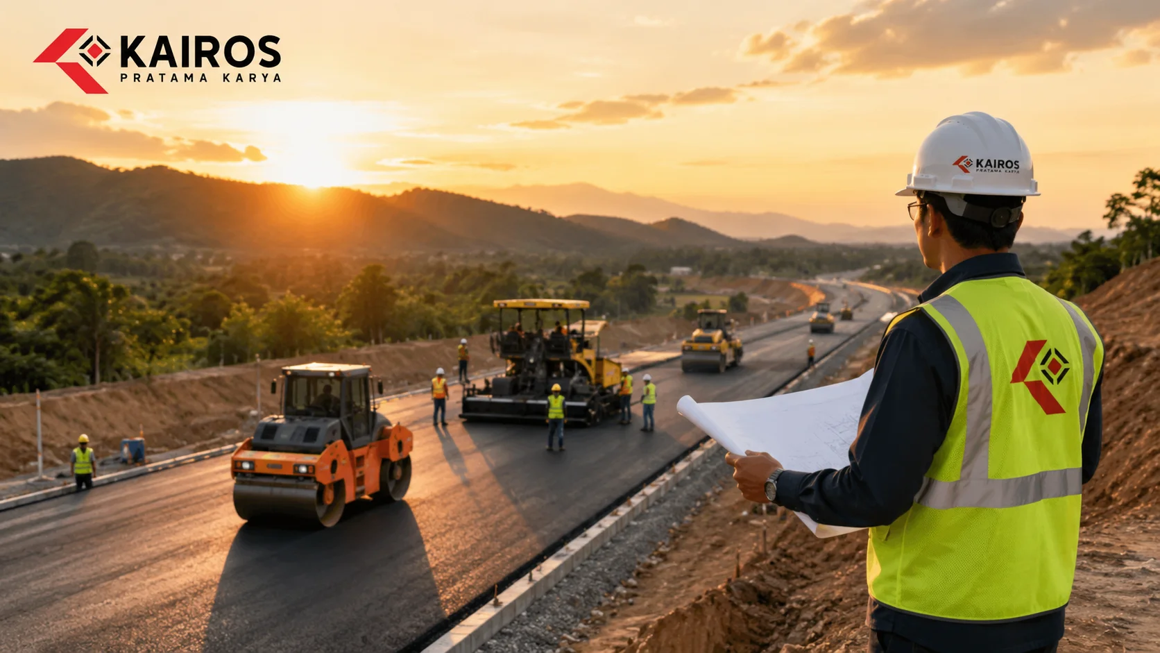 Pengawas proyek memantau proses pembangunan jalan dengan alat berat dan pekerja konstruksi untuk memastikan kualitas serta ketepatan pelaksanaan proyek infrastruktur.