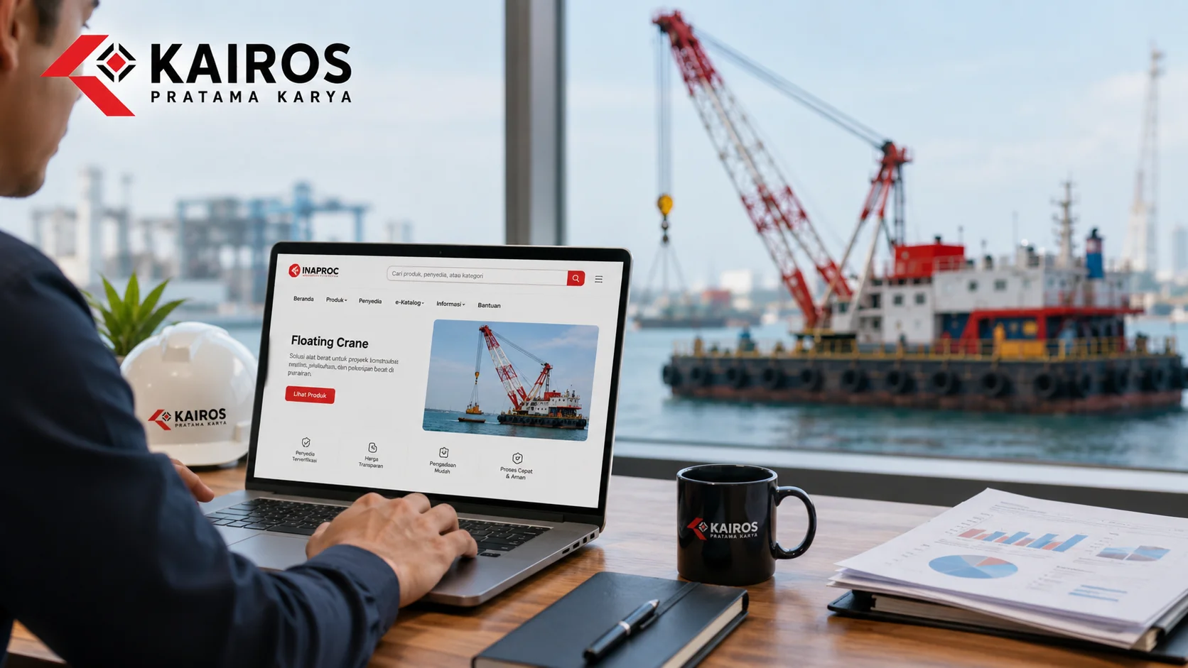 Ilustrasi proses pengadaan floating crane melalui platform digital untuk memudahkan pencarian produk dan penyedia sesuai kebutuhan proyek maritim.