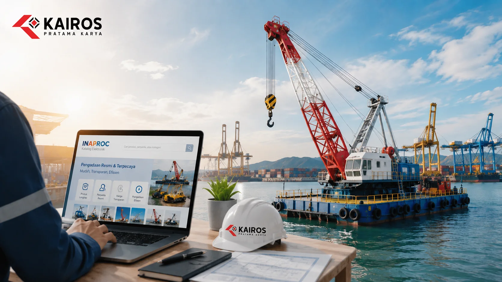 Ilustrasi proses pengadaan floating ship crane melalui Inaproc untuk mendukung proyek pelabuhan dan infrastruktur maritim secara efisien.