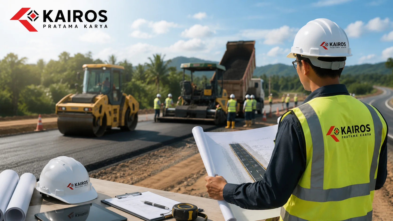 Insinyur konstruksi memantau pembangunan jalan dengan alat berat dan pekerja di lokasi proyek sebagai bagian dari perencanaan pengadaan konstruksi jalan yang terorganisir.