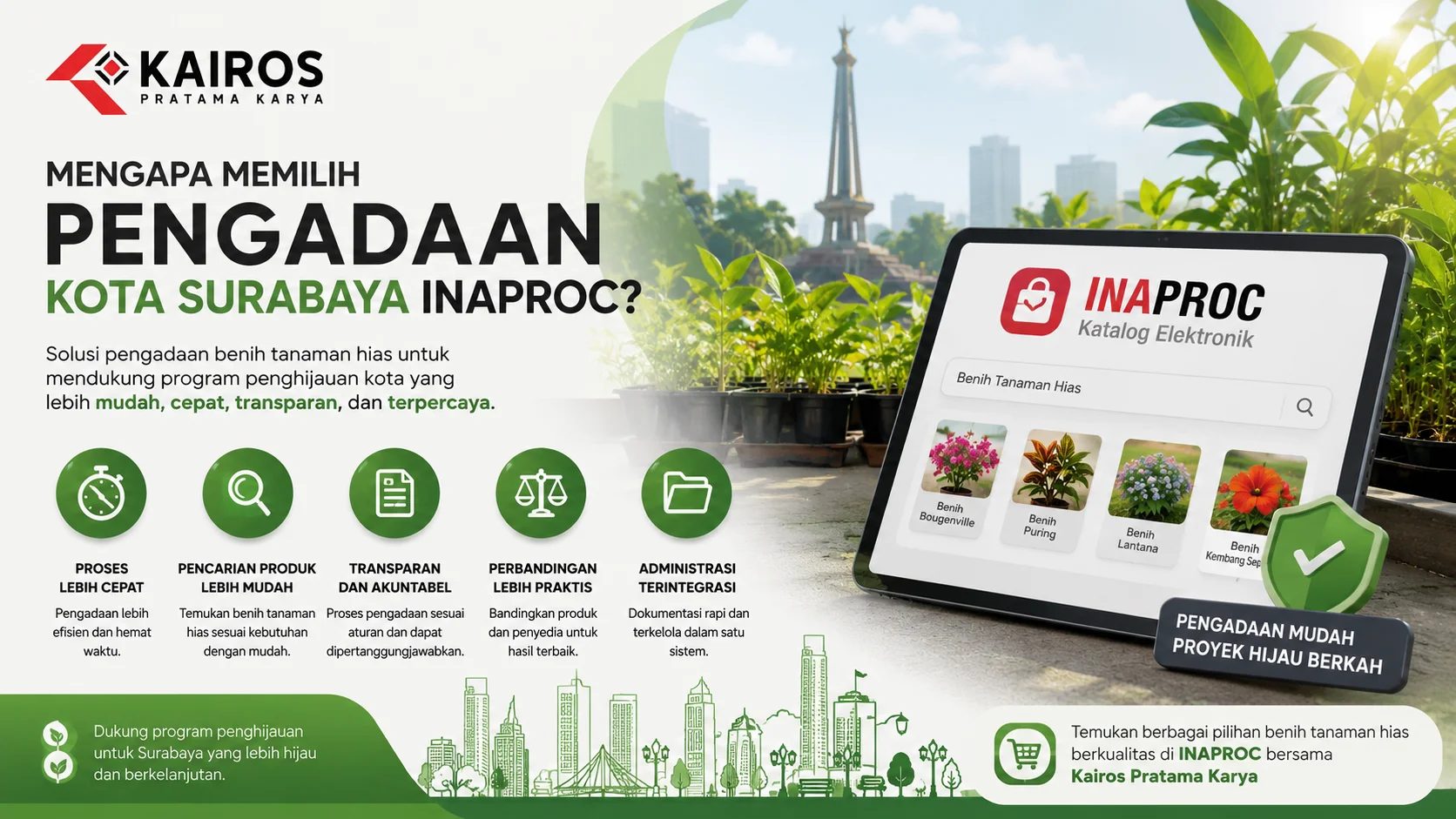 Banner ilustrasi pengadaan benih tanaman hias melalui INAPROC untuk Kota Surabaya dengan tampilan katalog digital, bibit tanaman, ikon manfaat pengadaan.