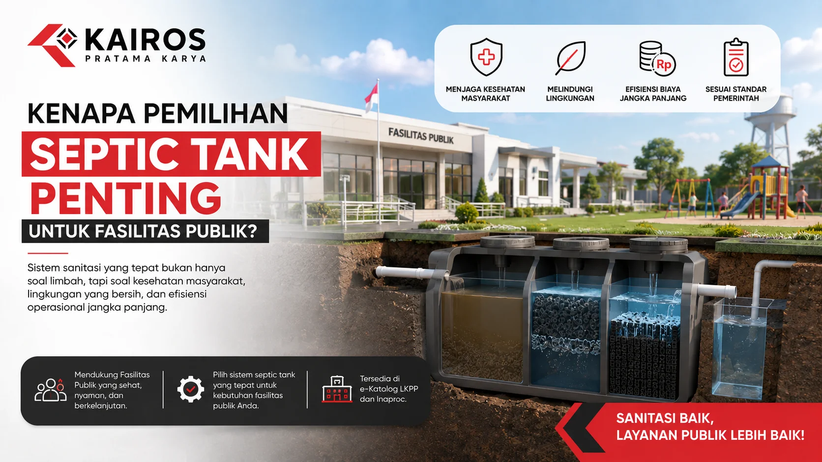 Ilustrasi septic tank biofil modern pada fasilitas publik dengan sistem pengolahan limbah berlapis yang mendukung sanitasi sehat, ramah lingkungan, dan efisien untuk penggunaan jangka panjang.