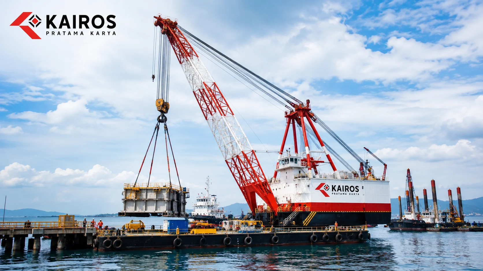Floating ship crane beroperasi di kawasan pelabuhan untuk mendukung proses pengangkatan material berat pada proyek konstruksi maritim.