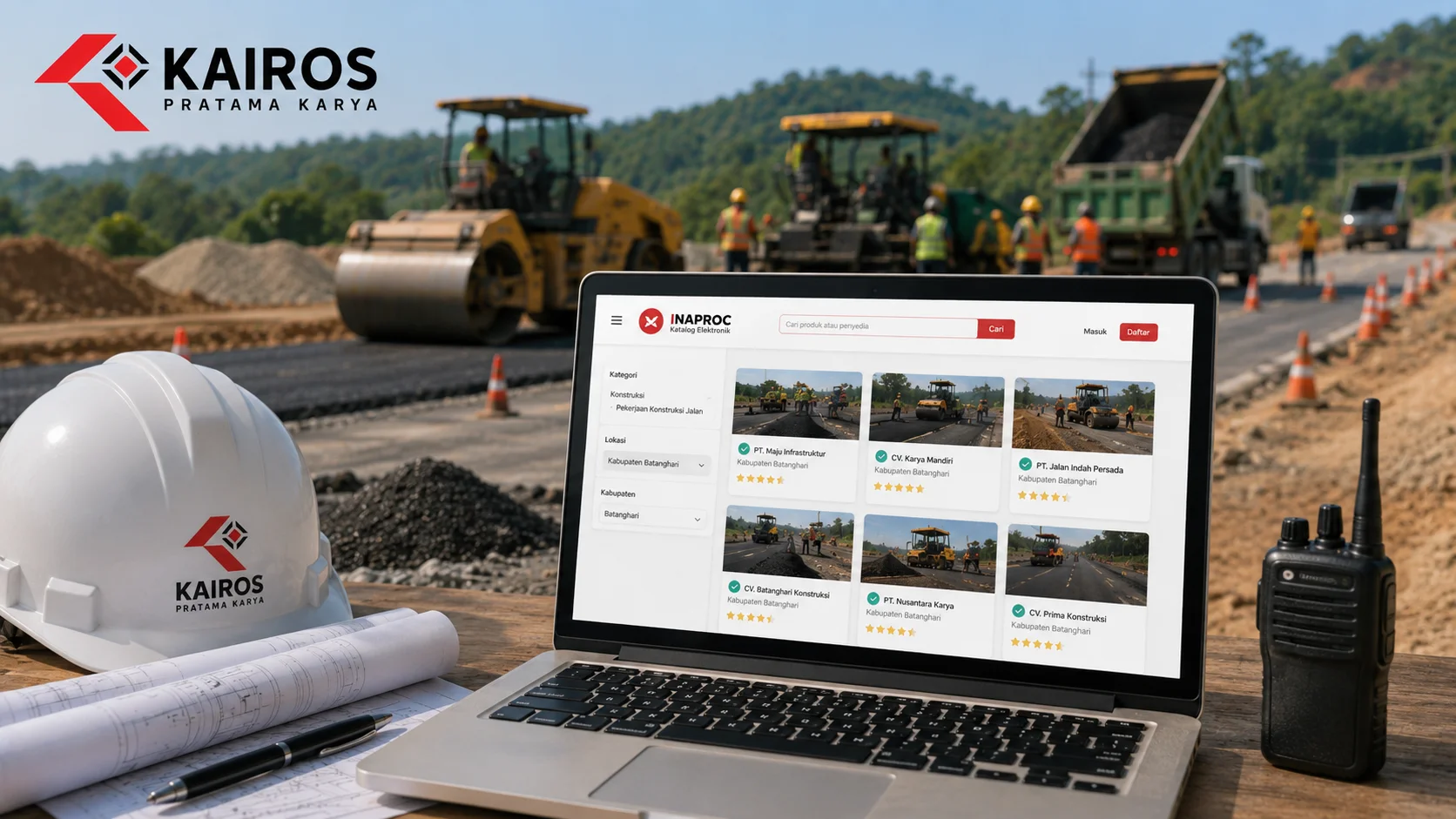 Pencarian penyedia konstruksi jalan melalui platform pengadaan digital dengan latar proyek pembangunan jalan dan aktivitas alat berat di lapangan.