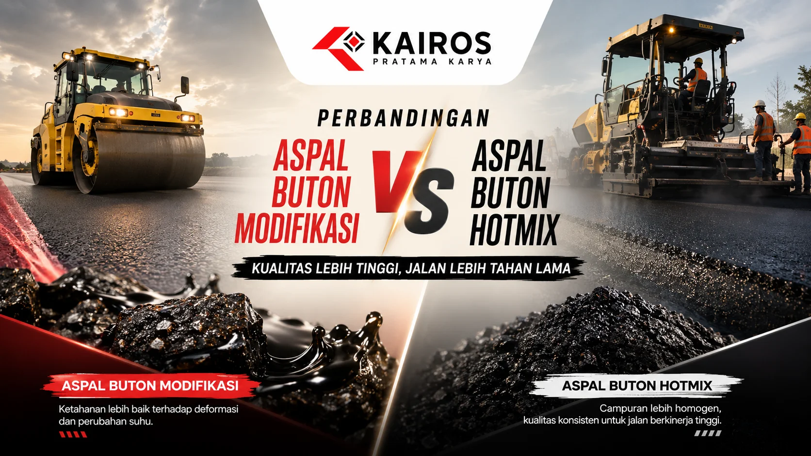 Banner perbandingan Aspal Buton Modifikasi dan Aspal Buton Hotmix untuk proyek konstruksi jalan dengan alat berat dan material aspal.