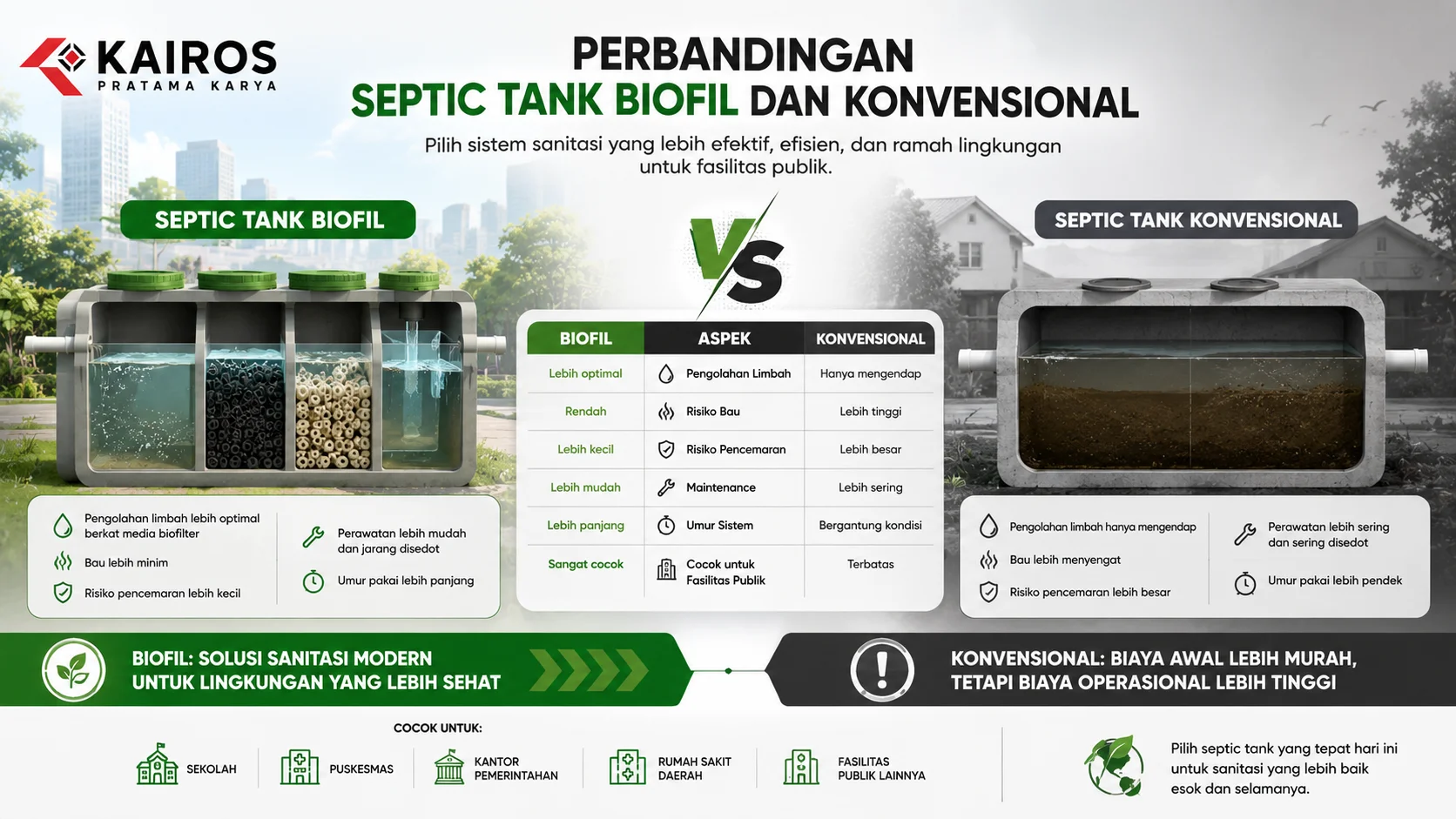Infografis perbandingan septic tank biofil dan konvensional yang menampilkan perbedaan sistem pengolahan limbah, risiko pencemaran, kebutuhan perawatan, dan efisiensi penggunaan pada fasilitas publik.