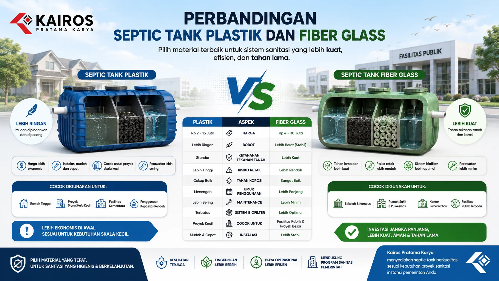 Infografis perbandingan septic tank plastik dan fiber glass yang menampilkan perbedaan daya tahan, biaya, perawatan, serta kecocokan penggunaan untuk rumah tinggal dan fasilitas publik.