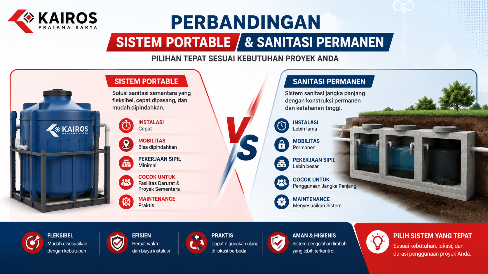 Banner perbandingan septic tank portable dan sanitasi permanen yang menampilkan perbedaan instalasi, mobilitas, serta penggunaan pada proyek darurat dan fasilitas jangka panjang.
