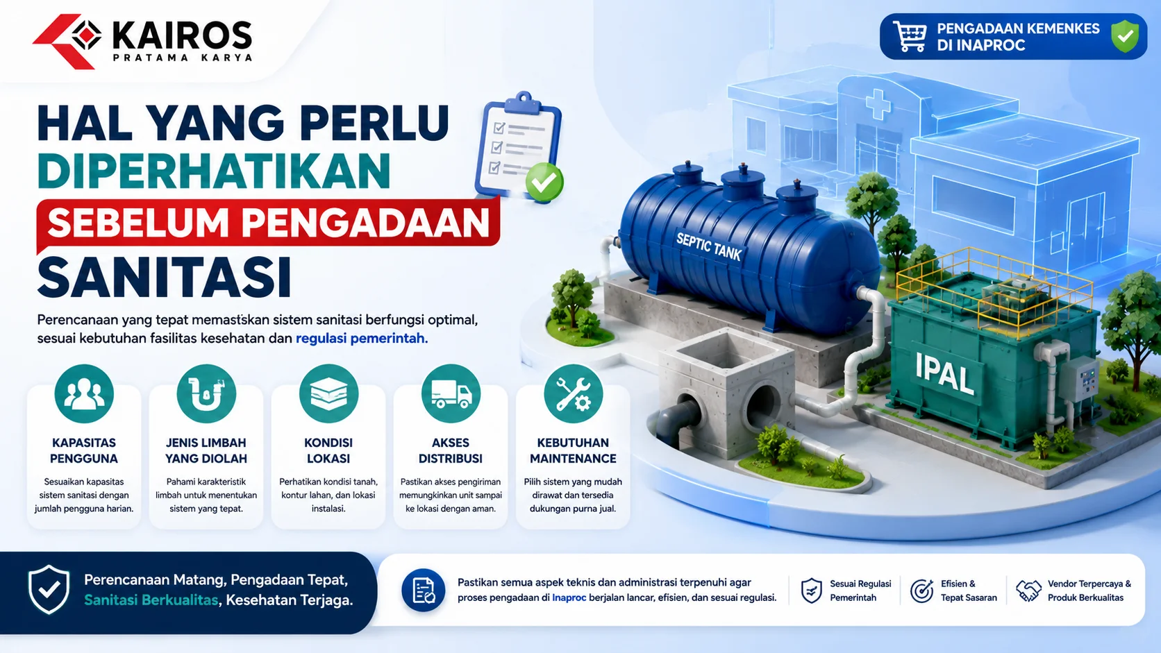 Ilustrasi perencanaan pengadaan sanitasi yang menampilkan septic tank, IPAL, dan checklist evaluasi kebutuhan untuk mendukung fasilitas kesehatan sesuai standar pemerintah.