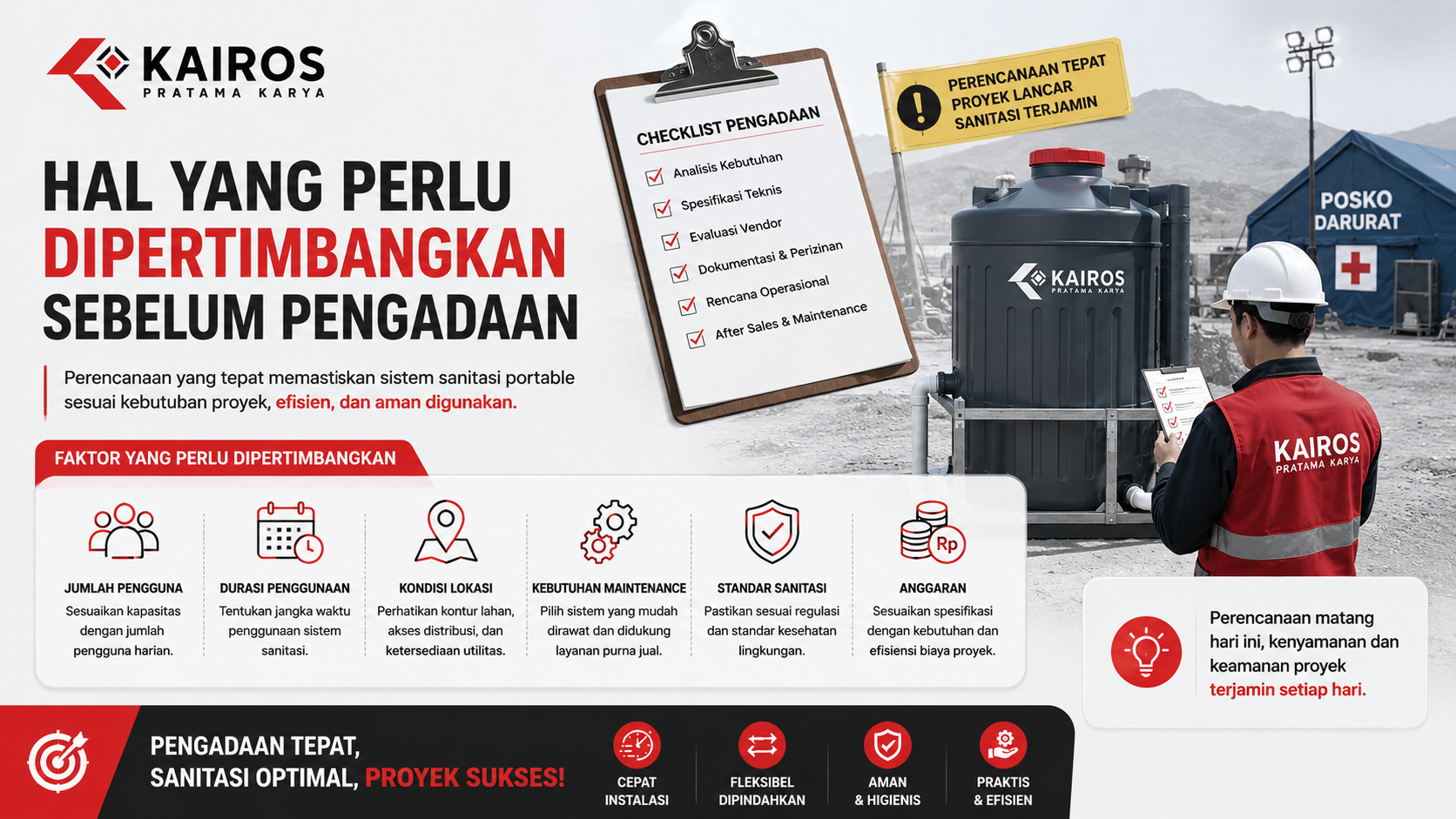 Banner ilustrasi proses pengadaan septic tank portable dengan checklist evaluasi kebutuhan, spesifikasi teknis, dan perencanaan sanitasi untuk proyek pemerintah serta fasilitas darurat.