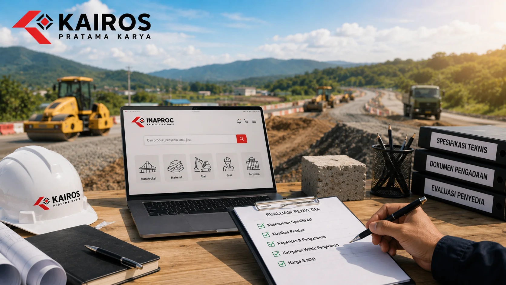 Dokumen evaluasi penyedia dan platform INAPROC digunakan untuk meninjau spesifikasi teknis serta kebutuhan proyek konstruksi jalan sebelum proses pengadaan dilakukan.