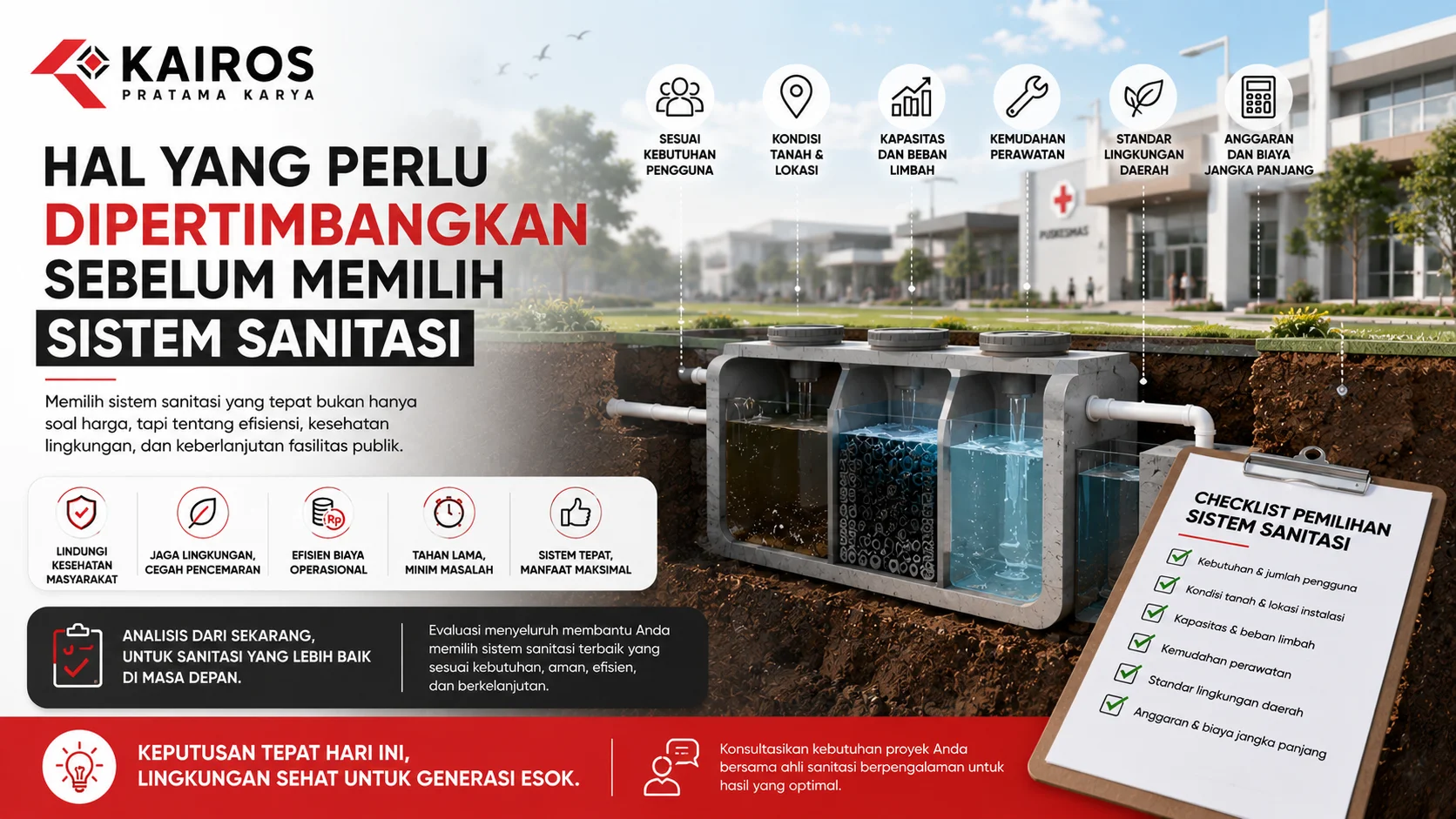 Ilustrasi sistem sanitasi modern dengan septic tank biofil dan daftar faktor penting yang perlu dipertimbangkan sebelum memilih sistem sanitasi untuk fasilitas publik.