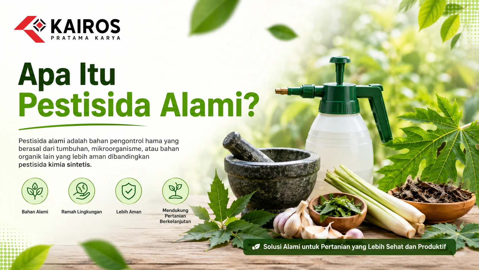 Ilustrasi pestisida alami dengan bahan organik seperti daun mimba, serai, dan bawang putih yang disiapkan untuk pengendalian hama ramah lingkungan pada tanaman pertanian.
