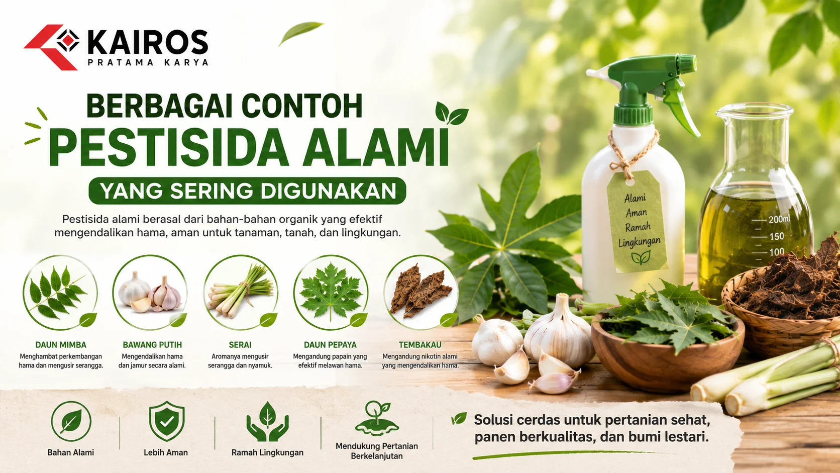 Berbagai bahan pestisida alami seperti daun mimba, bawang putih, serai, daun pepaya, dan tembakau yang digunakan untuk membantu pengendalian hama secara ramah lingkungan.