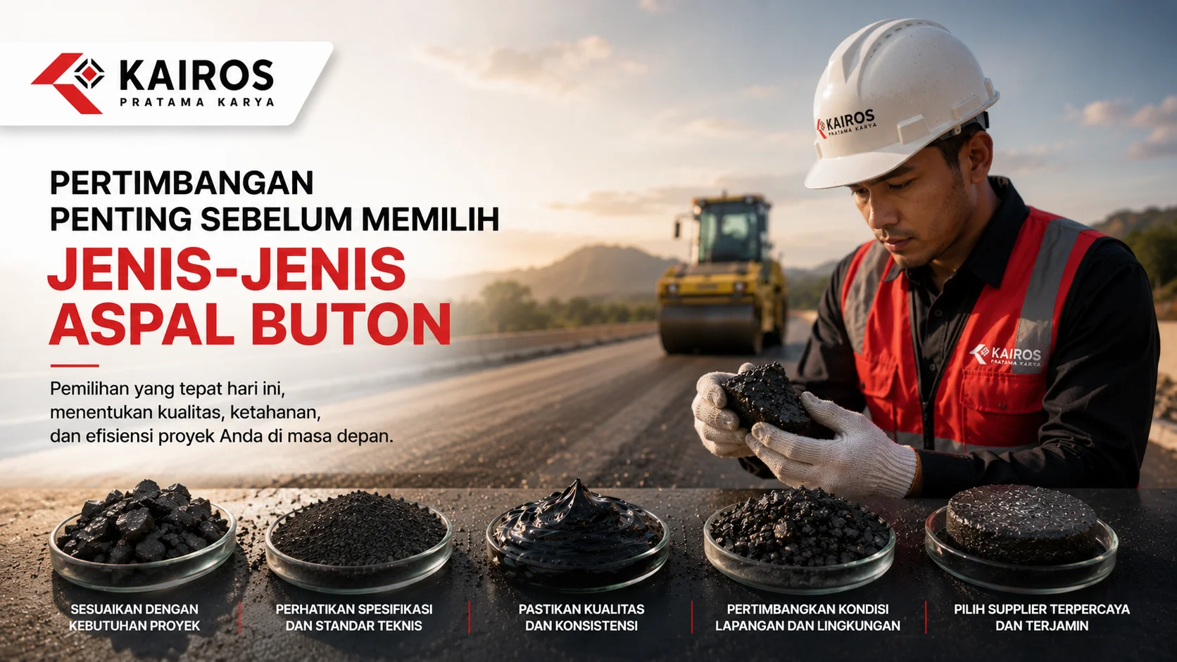 Banner yang menampilkan proses pemilihan jenis Aspal Buton dengan ilustrasi material aspal dan inspeksi lapangan sebagai pertimbangan sebelum proyek konstruksi.