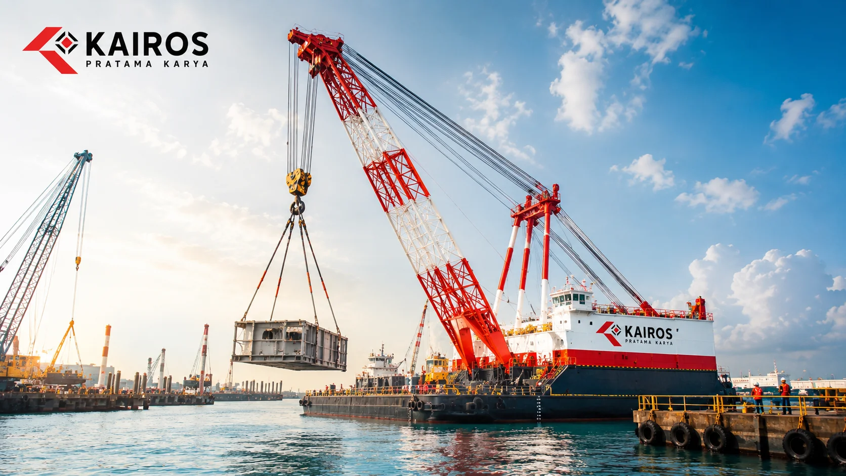 Floating ship crane dengan berbagai kapasitas angkat digunakan untuk mendukung proses konstruksi maritim dan pengangkatan material berat di kawasan pelabuhan.