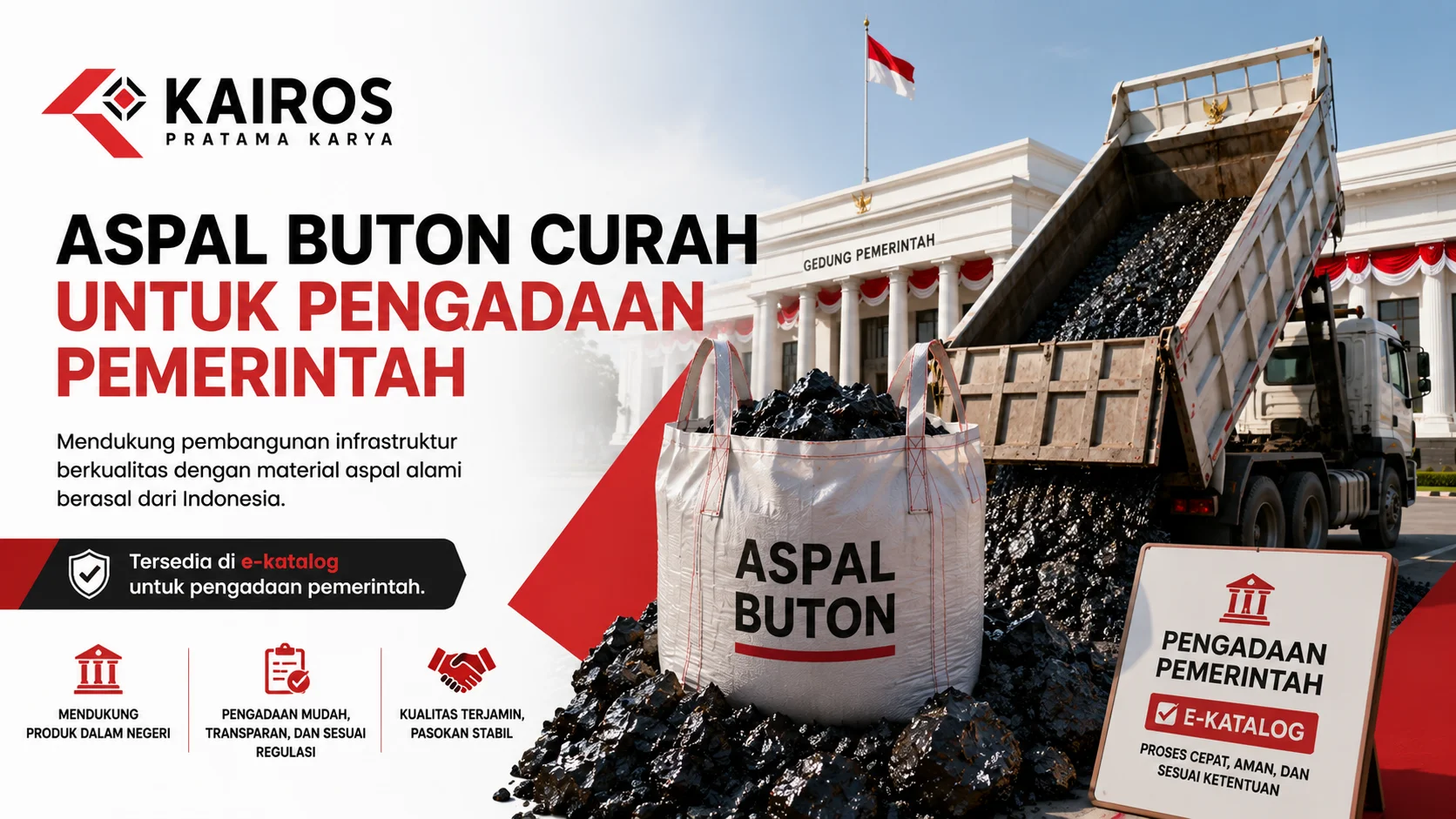 Banner Aspal Buton Curah untuk pengadaan pemerintah dengan ilustrasi material aspal, truk distribusi, dan proyek infrastruktur.