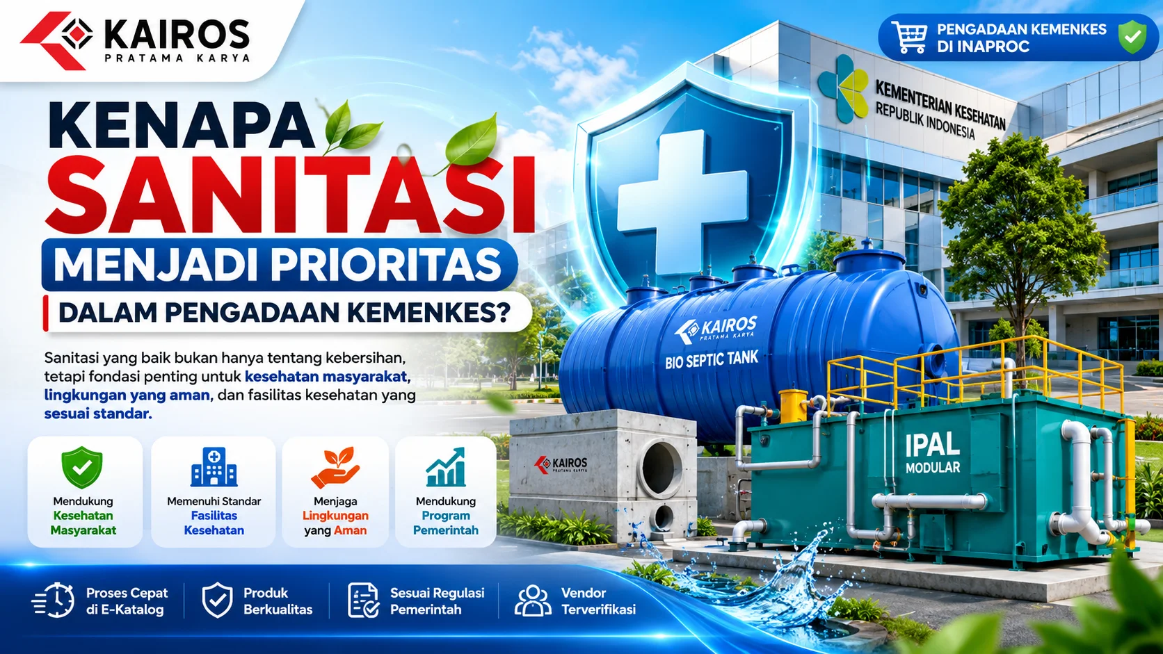Ilustrasi sistem sanitasi modern untuk fasilitas kesehatan dengan septic tank dan instalasi pengolahan limbah (IPAL) yang mendukung standar kesehatan lingkungan dalam pengadaan Kemenkes melalui Inaproc.