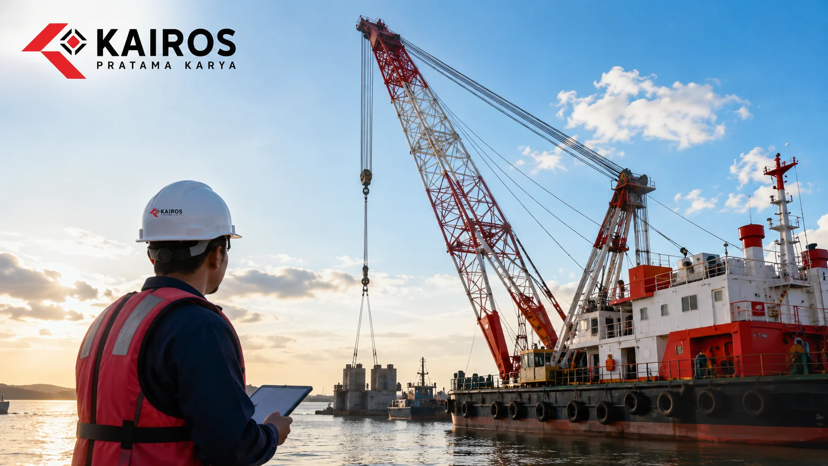 Ilustrasi pekerja pelabuhan melakukan evaluasi kebutuhan proyek di depan floating crane sebagai pertimbangan memilih opsi beli atau sewa untuk mendukung efisiensi operasional maritim.