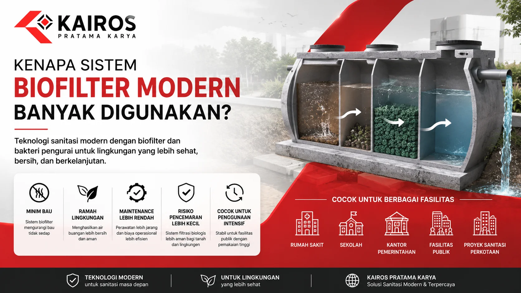 Ilustrasi sistem biofilter modern pada septic tank biotech yang menampilkan proses pengolahan limbah menggunakan media filtrasi biologis untuk menghasilkan air buangan yang lebih bersih dan ramah lingkungan.