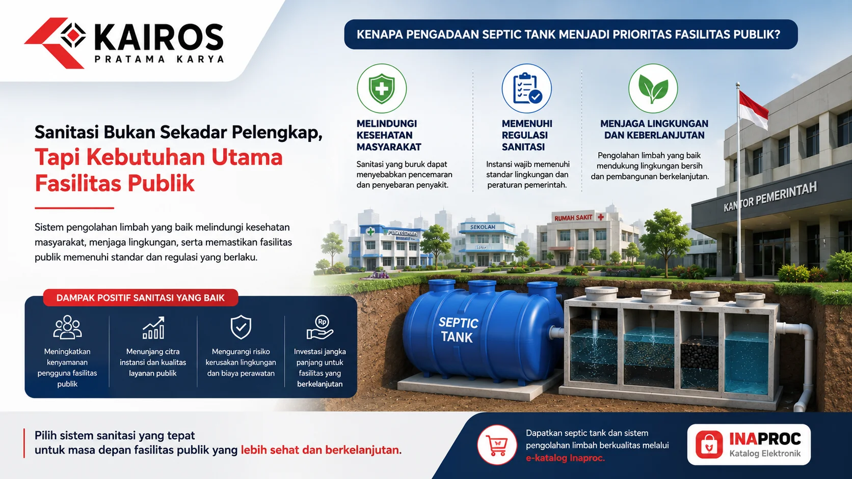 Banner ilustrasi fasilitas publik dengan sistem septic tank modern dan instalasi pengolahan limbah, menampilkan pentingnya sanitasi untuk menjaga kesehatan masyarakat, memenuhi regulasi, dan mendukung lingkungan berkelanjutan.